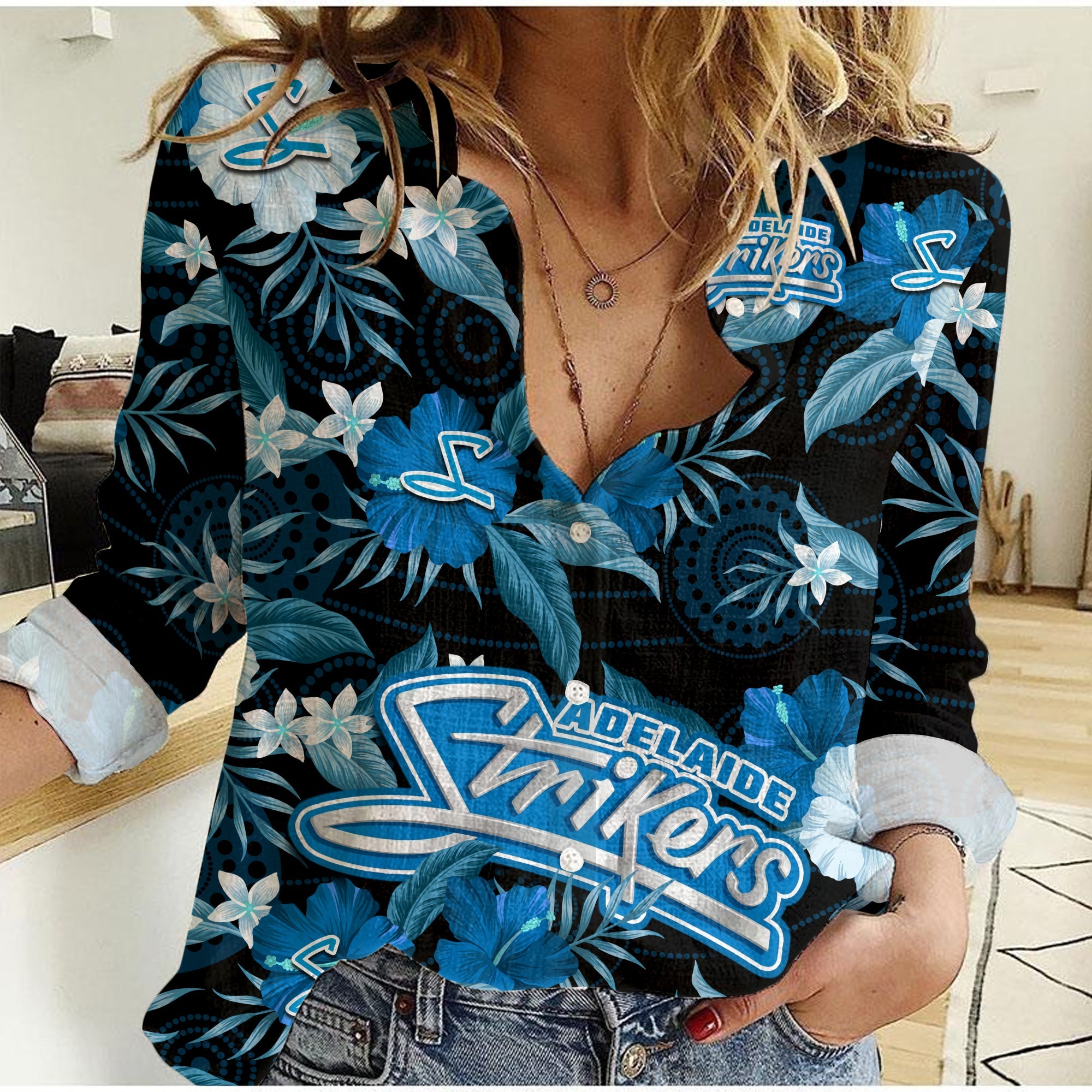 Adelaide Strikers Cricket Women Casual Shirt Aboriginal Art Mix Tropical Flowers - Vibe Hoodie Shop