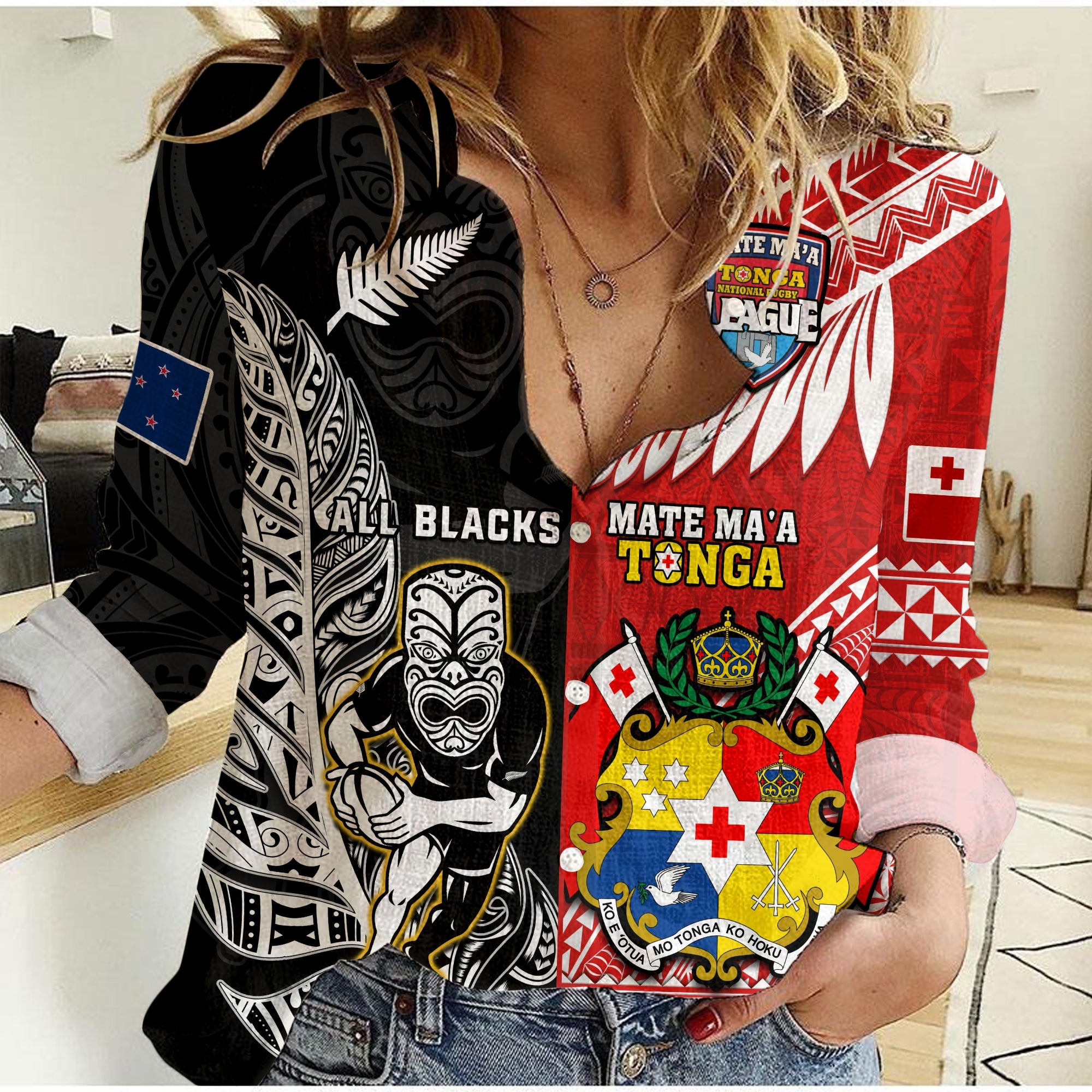 (Custom Personalised) Mate Maa Tonga And All Black Rugby Women Casual Shirt Polynesian Mix NZ Maori Fern - Vibe Hoodie Shop