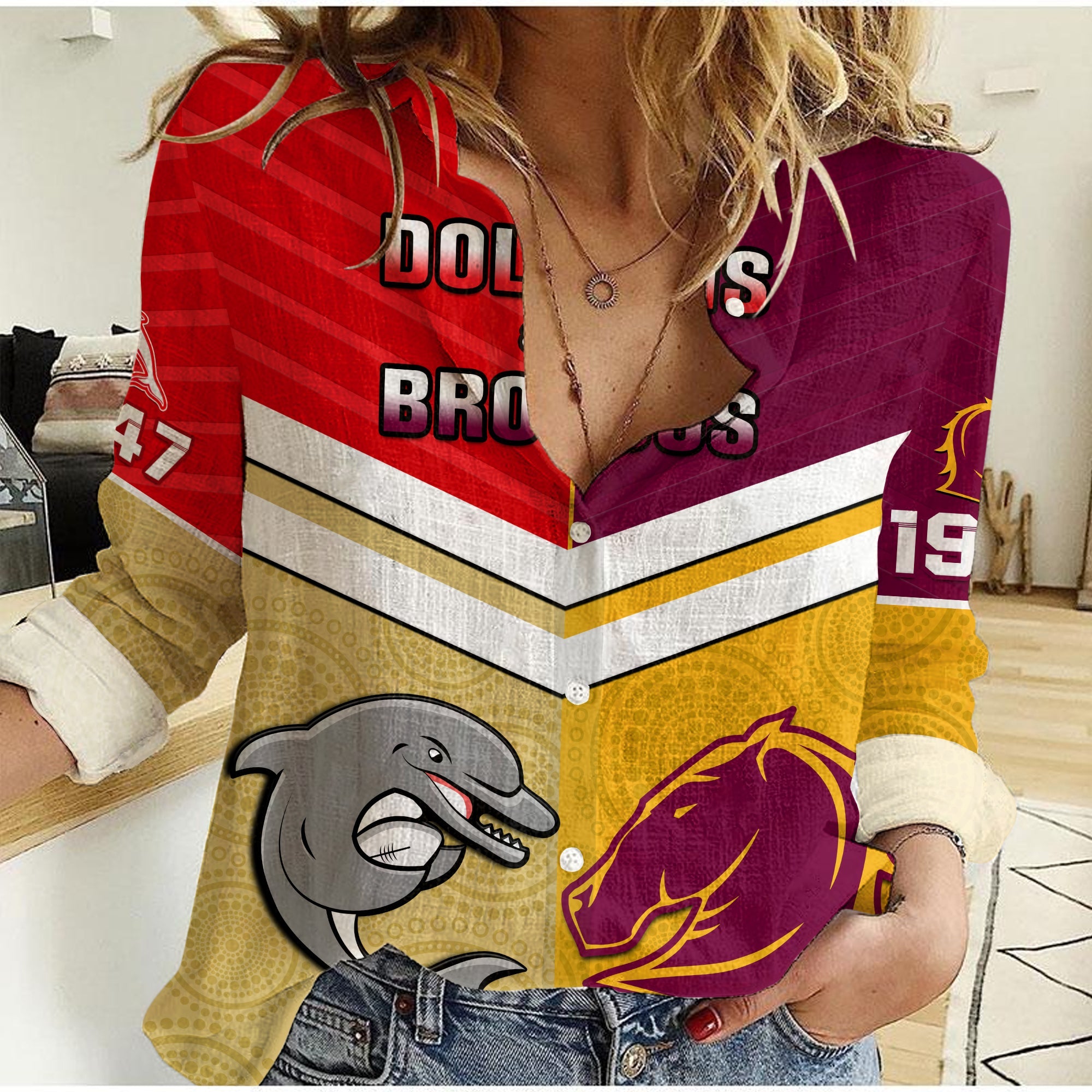 Dolphins Mix Broncos Rugby Women Casual Shirt Indigenous Art - Vibe Hoodie Shop