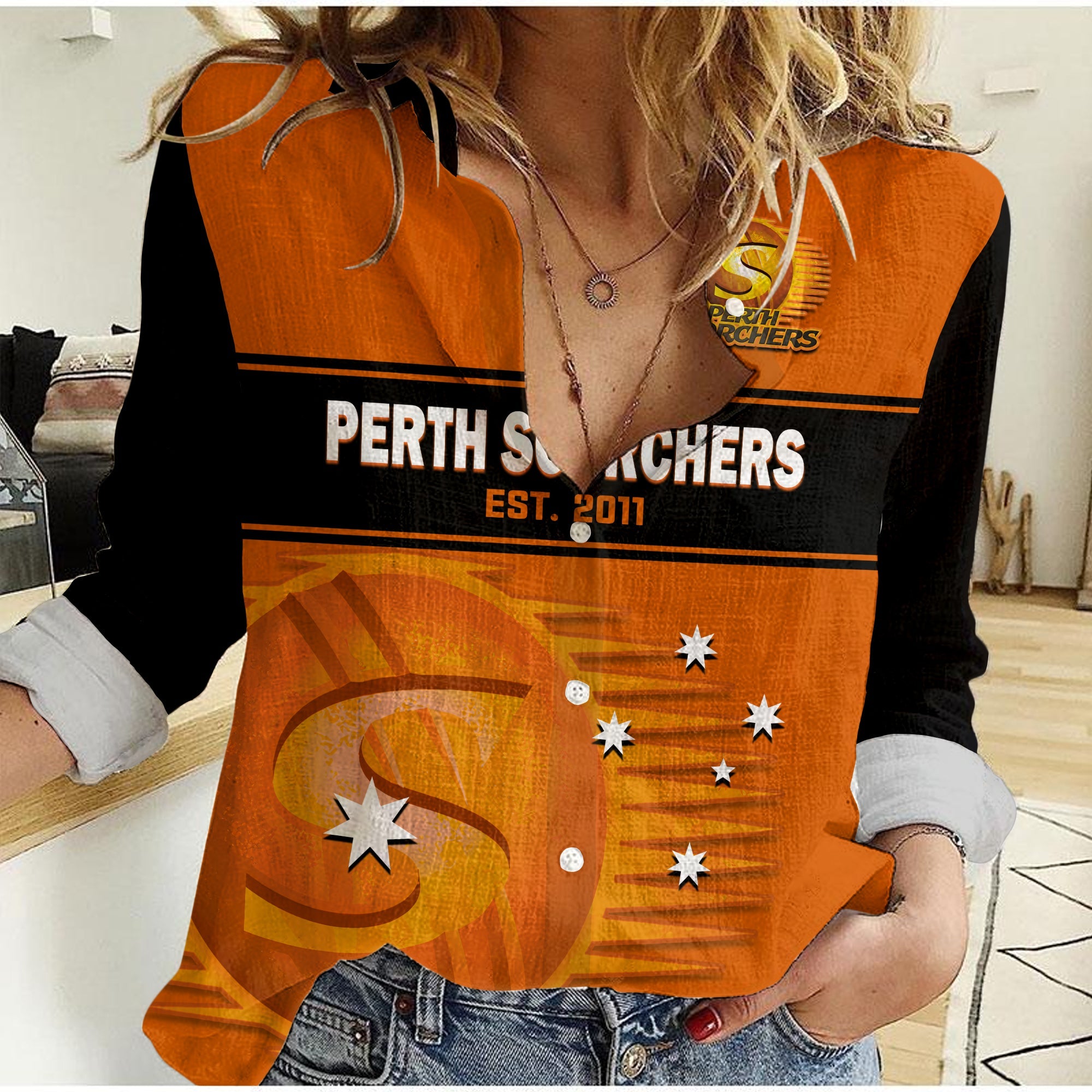 (Custom Text And Number) Perth Scorchers Cricket 2023 Women Casual Shirt Est 2011 Sporty Version - Vibe Hoodie Shop