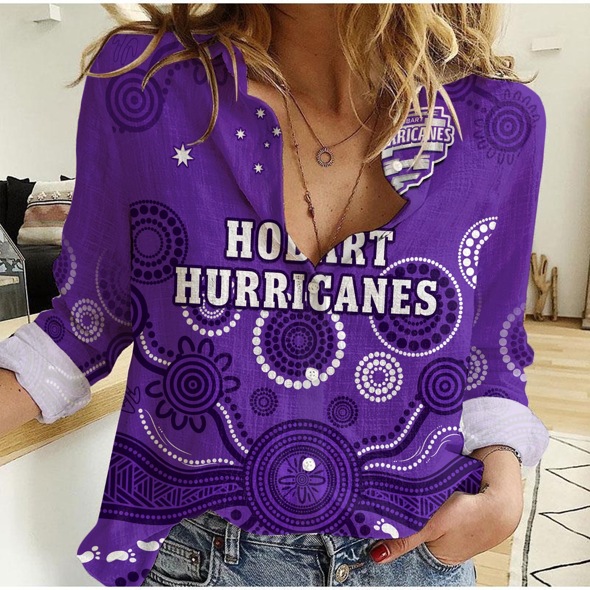 (Custom Text And Number) Hobart Hurricanes Cricket Women Casual Shirt Indigenous Artsy - Vibe Hoodie Shop