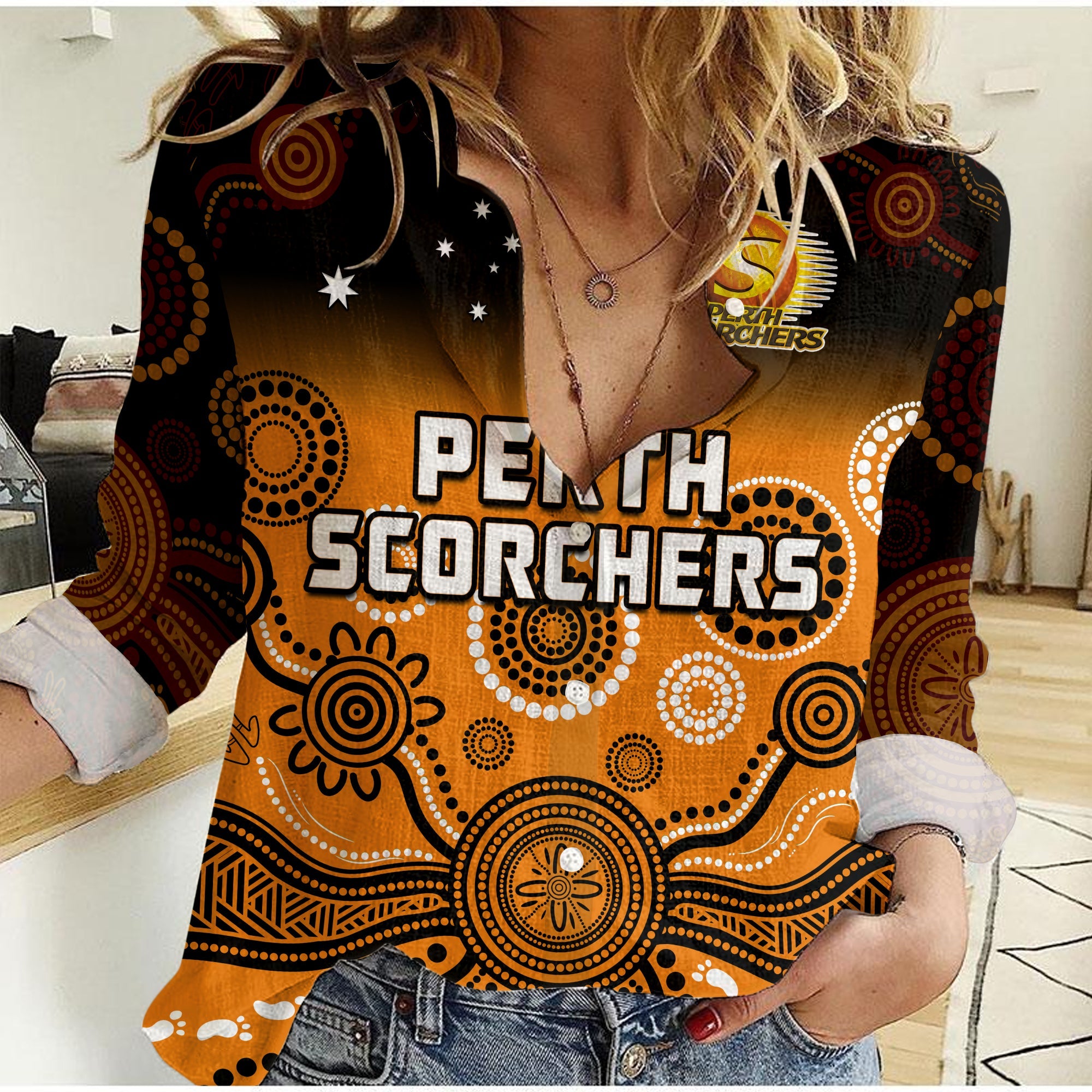 (Custom Text And Number) Perth Scorchers Women Casual Shirt Gradient Aboriginal Dot Painting - Vibe Hoodie Shop