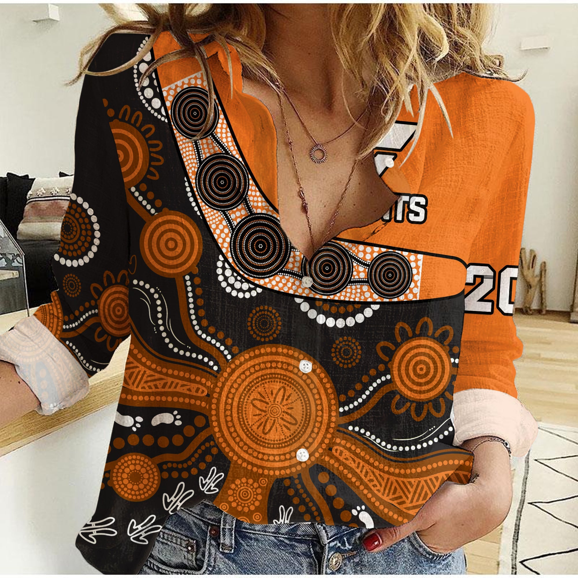 Greater Western Sydney Football Women Casual Shirt Giants 2012 Boomerang Indigenous Pattern - Vibe Hoodie Shop