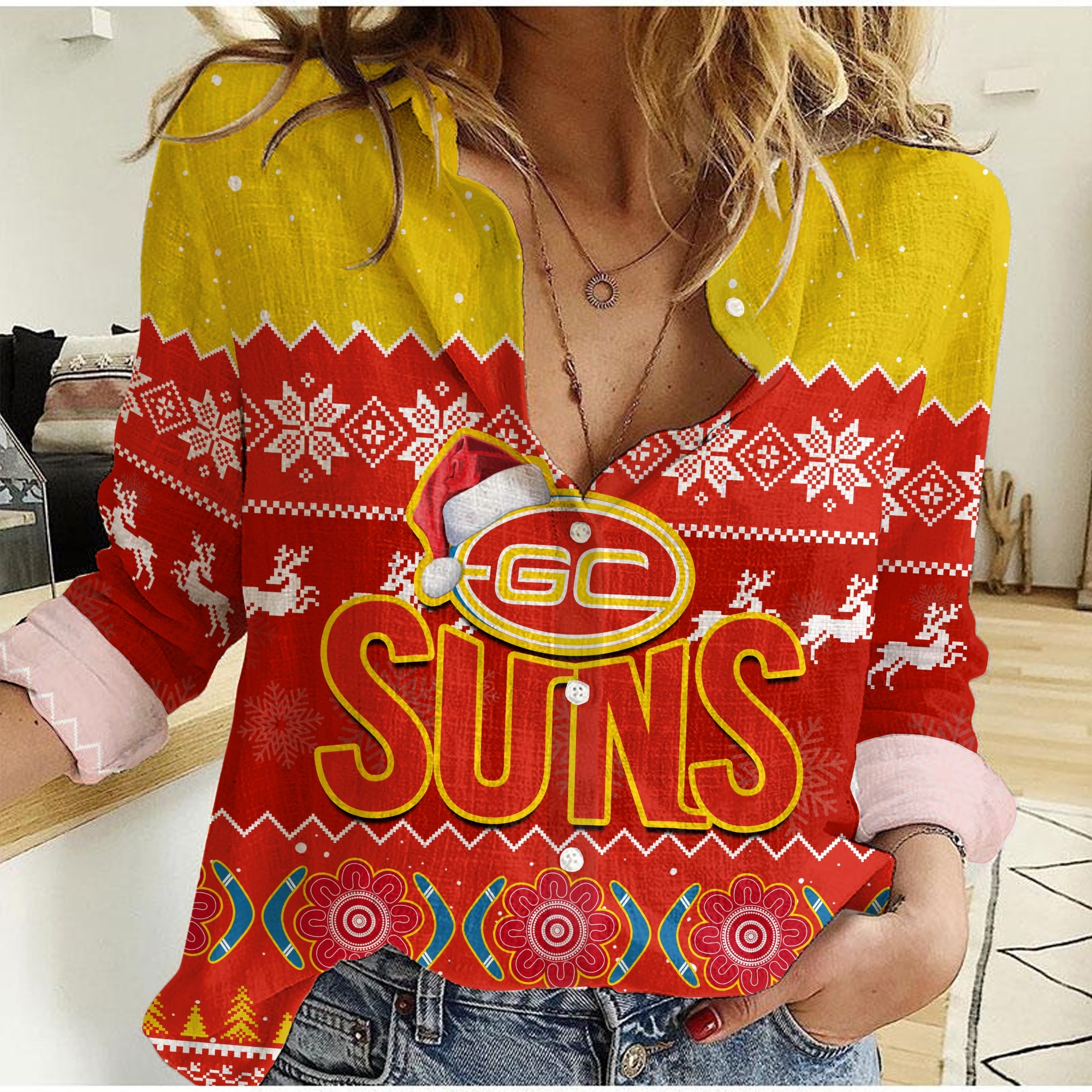 (Custom Personalised) Gold Coast Football Women Casual Shirt Suns Aboriginal Merry Christmas - Vibe Hoodie Shop