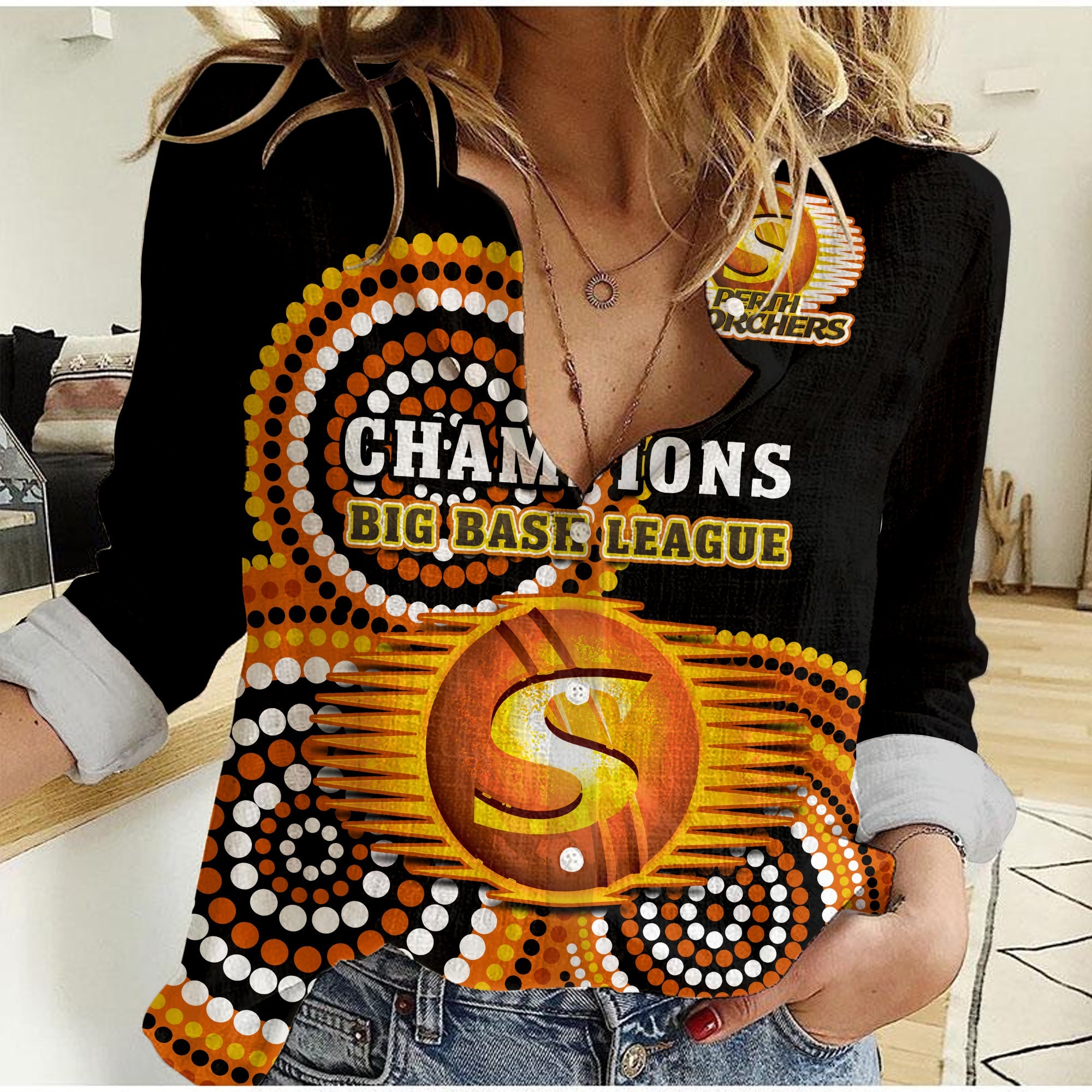 (Custom Text And Number) Perth Scorchers Cricket Women Casual Shirt Champions BBL12 Proud Indigenous Art - Vibe Hoodie Shop