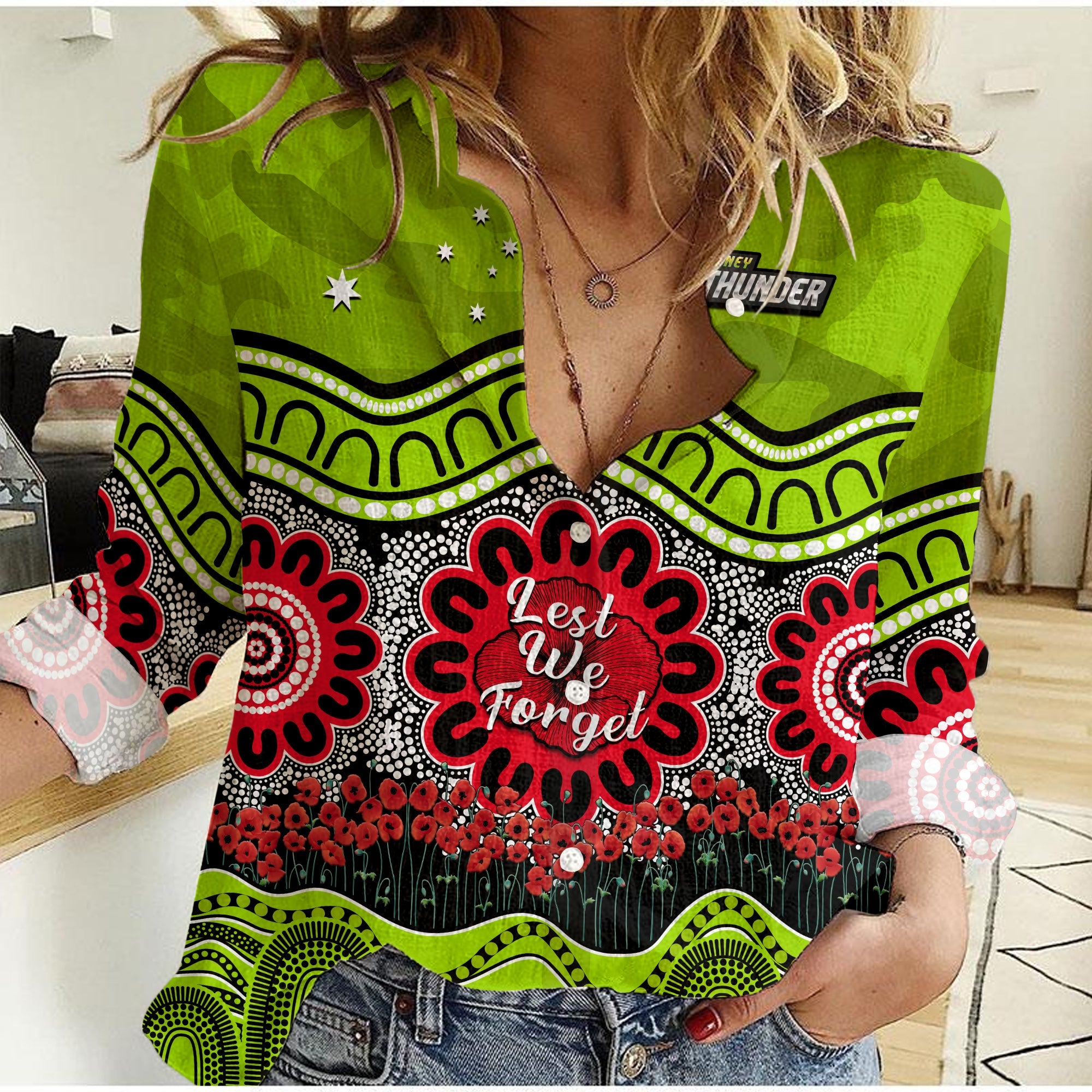 Thunder Cricket ANZAC Women Casual Shirt Poppy Sydney Aboriginal Camouflage - Vibe Hoodie Shop