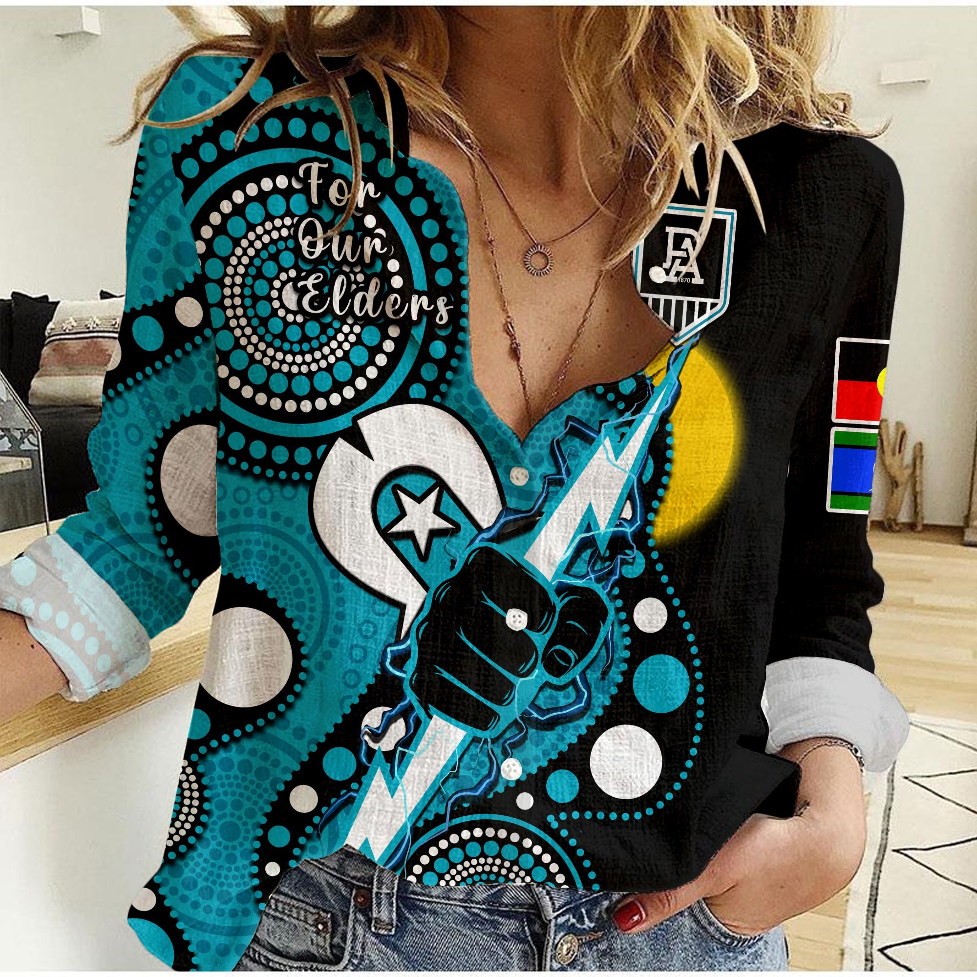 Port Adelaide Football NAIDOC 2023 Women Casual Shirt For Our Elders Indigenous Art - Vibe Hoodie Shop