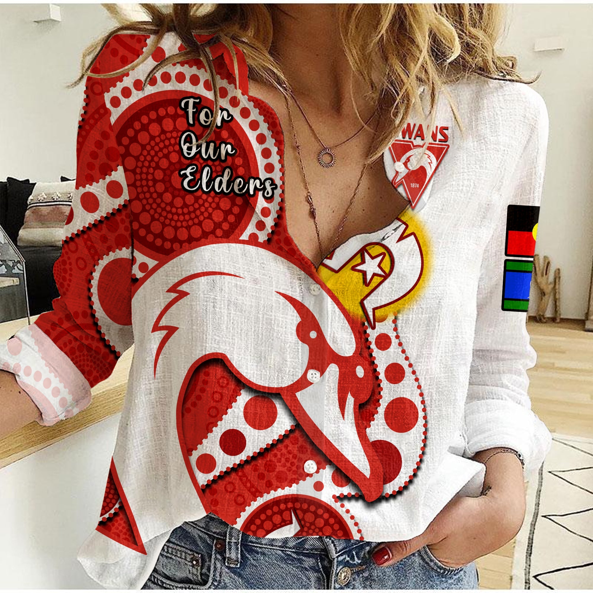 (Custom Text And Number) Swans Football NAIDOC 2023 Women Casual Shirt Sydney For Our Elders Indigenous Art - Vibe Hoodie Shop