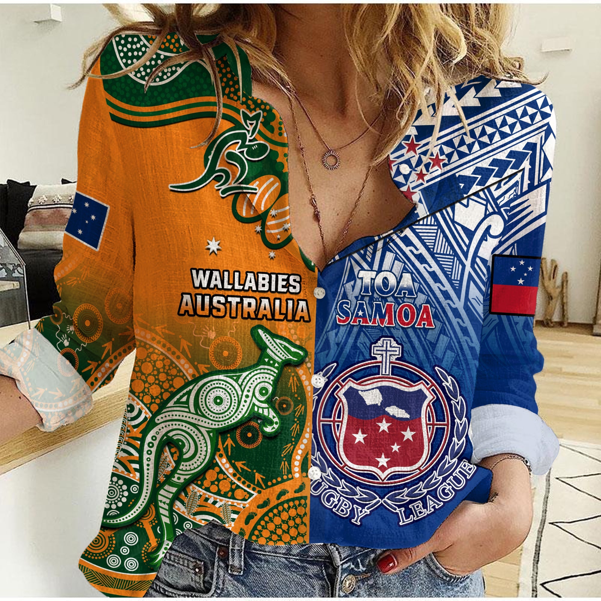 (Custom Personalised) Australia Wallabies And Toa Samoa Rugby Women Casual Shirt Aboriginal Mix Polynesian - Vibe Hoodie Shop