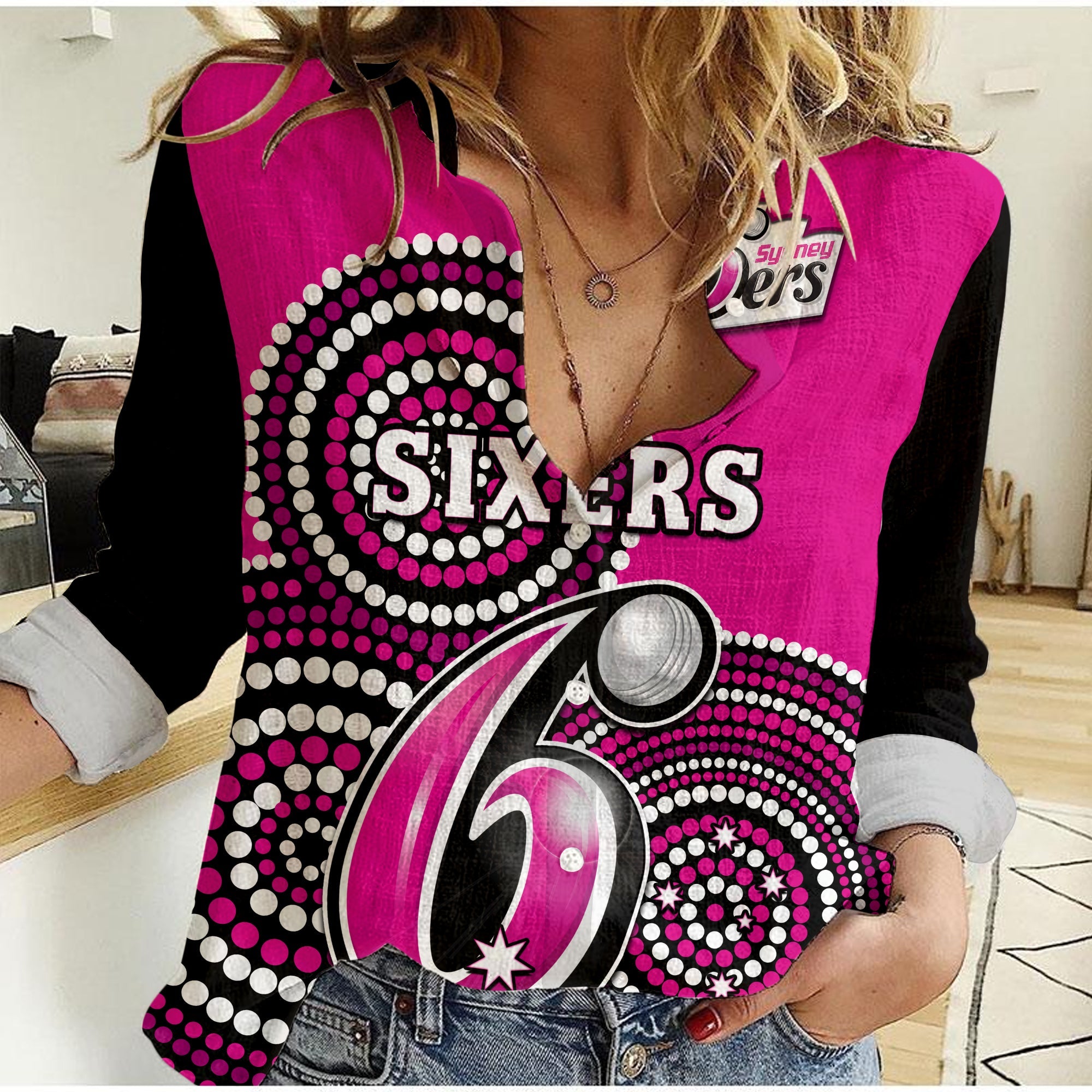 Sydney Sixers Cricket Women Casual Shirt Champions BBL12 Proud Indigenous Art - Vibe Hoodie Shop