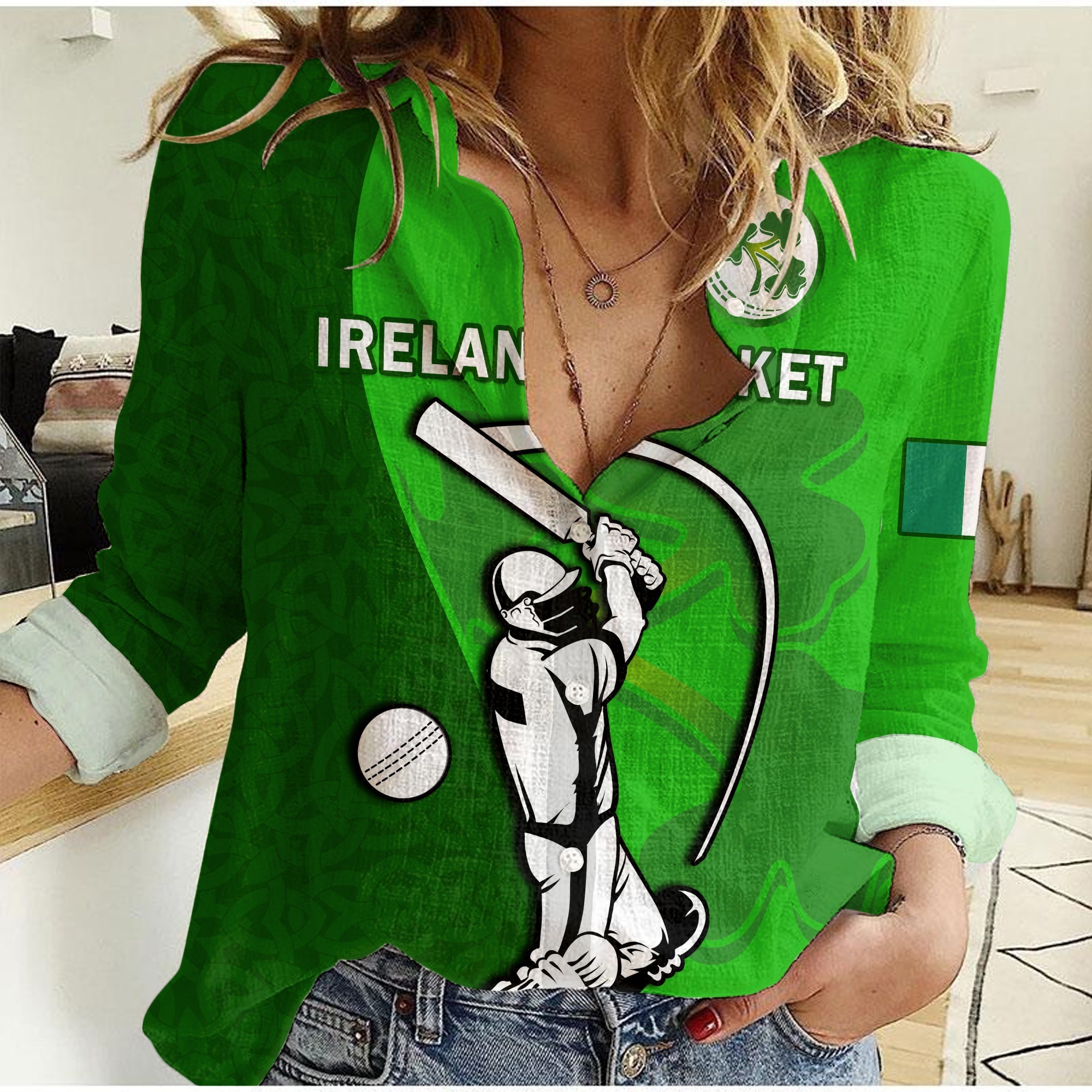 (Custom Text And Number) Ireland Cricket Women Casual Shirt Irish Flag Celtic Cross Sporty Style - Vibe Hoodie Shop