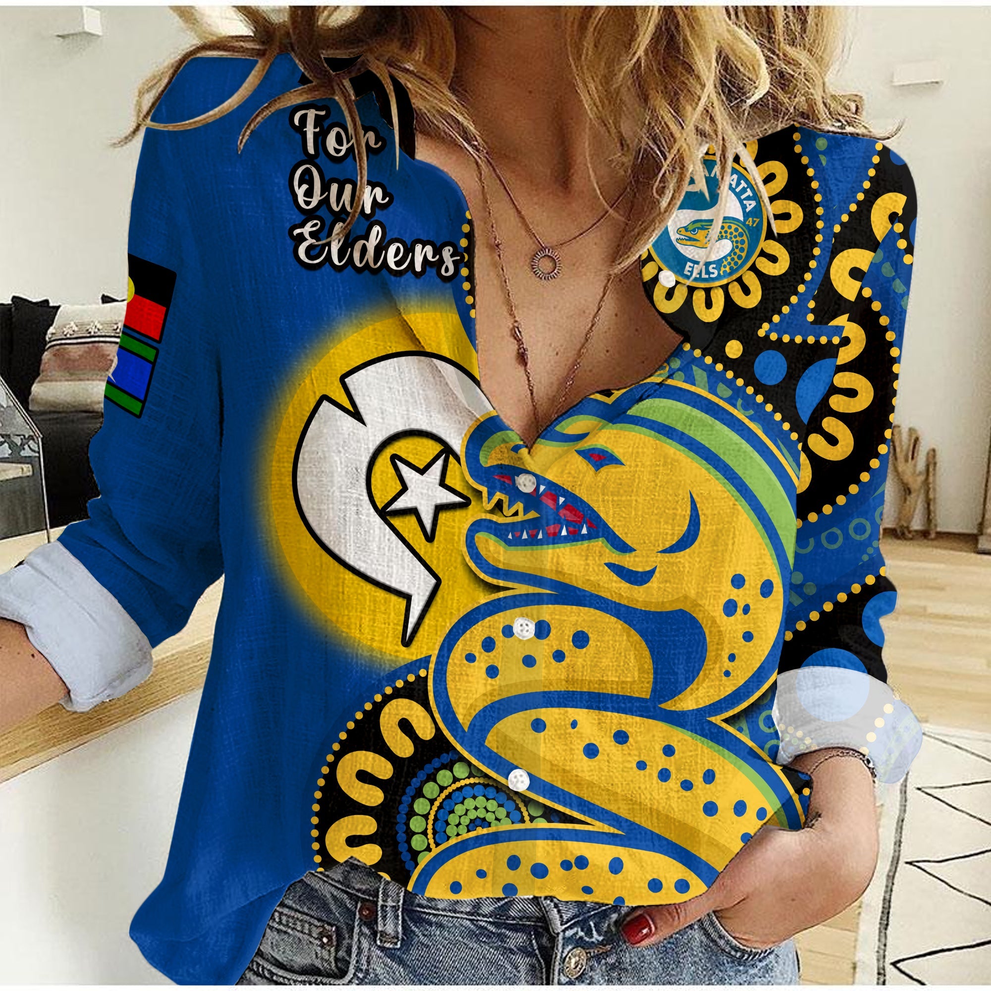 (Custom Text And Number) Eels Rugby NAIDOC 2023 Women Casual Shirt For Our Elders Aboriginal - Vibe Hoodie Shop