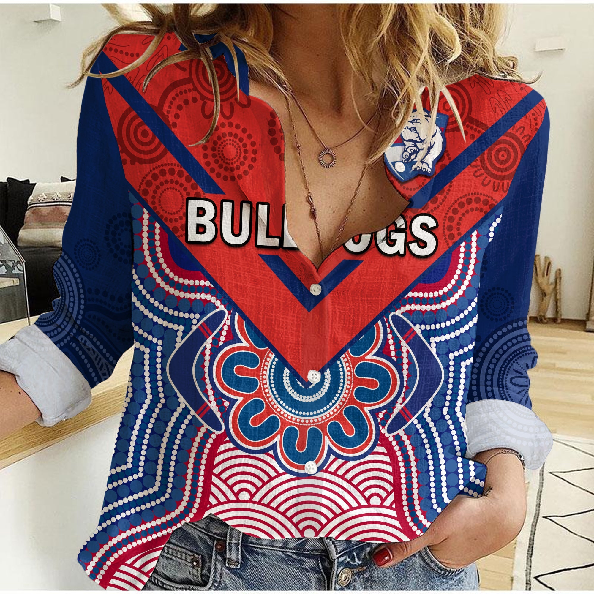 Bulldogs Football Women Casual Shirt Western Doggies Aboriginal Art - Vibe Hoodie Shop