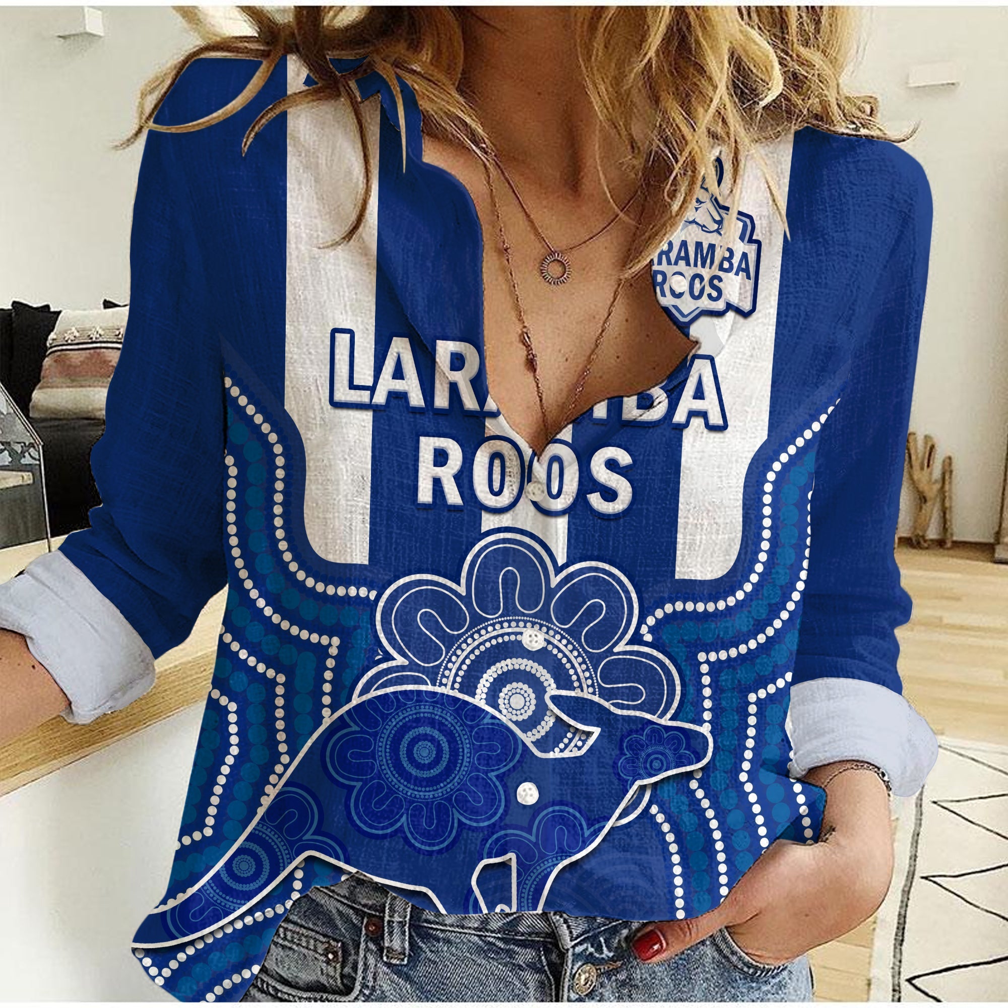 (Custom Text And Number) Laramba Football Women Casual Shirt Roos Aboriginal Art - Vibe Hoodie Shop