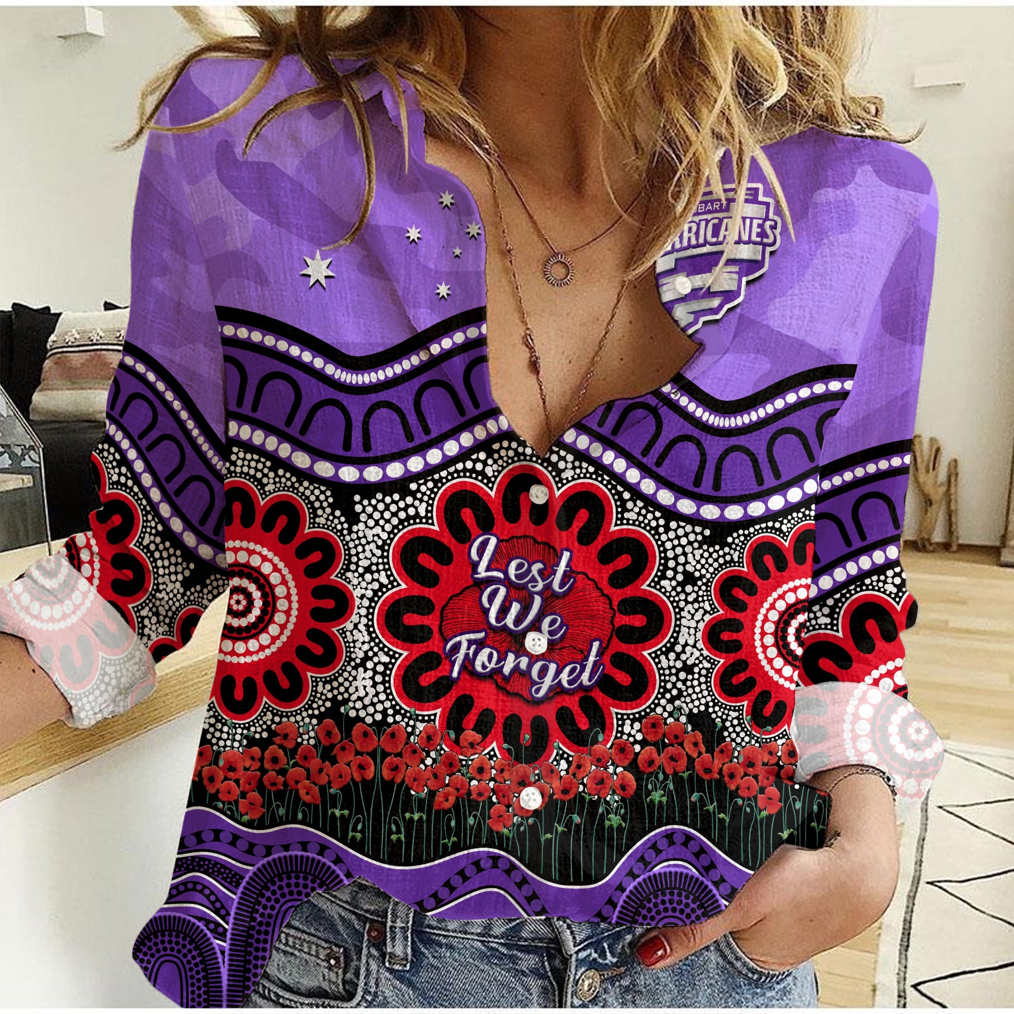 (Custom Text And Number) Hurricanes Cricket ANZAC Women Casual Shirt Hobart Poppy Aboriginal Camouflage - Vibe Hoodie Shop