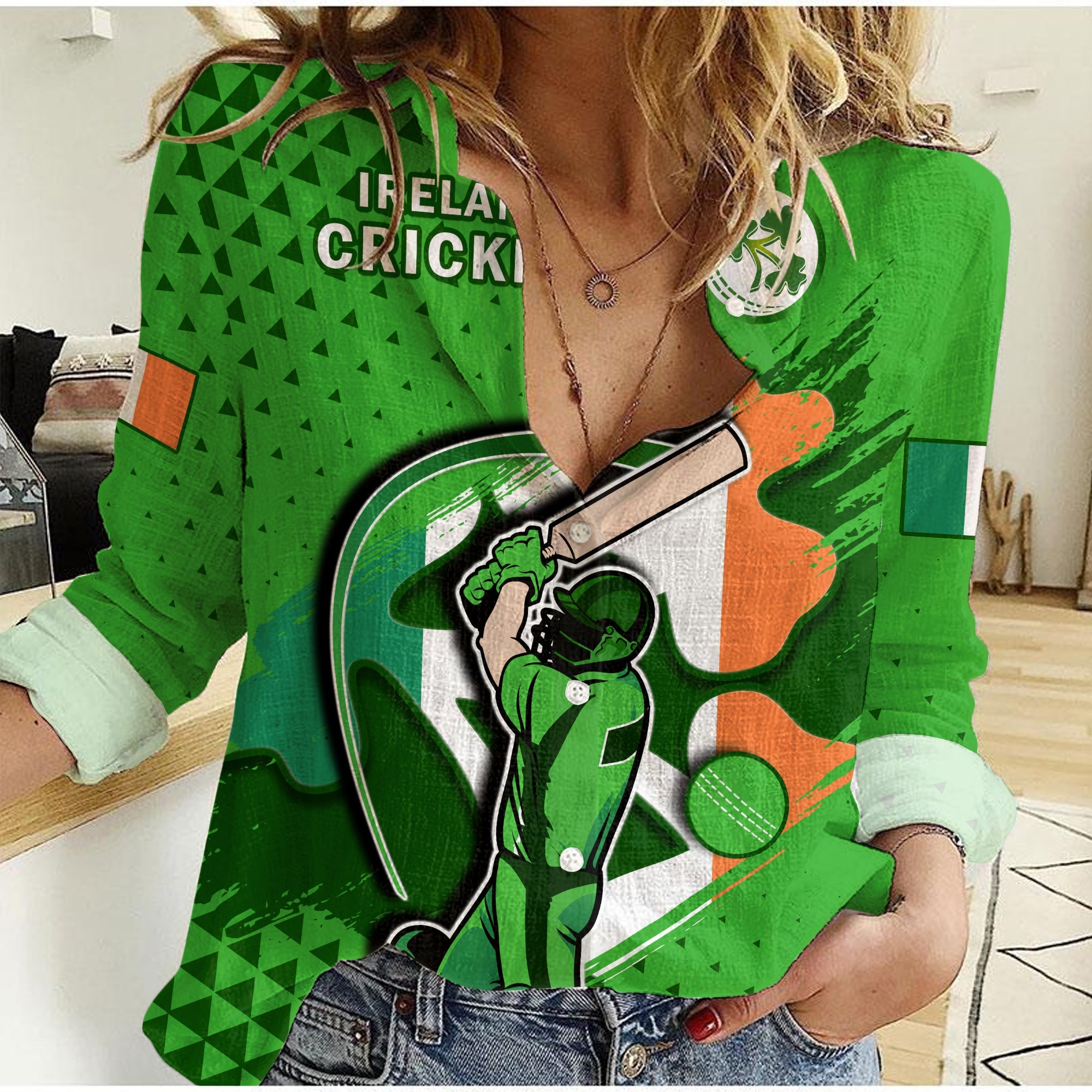 (Custom Text And Number) Ireland Cricket Women Casual Shirt Irish Flag Shamrock Sporty Style - Vibe Hoodie Shop