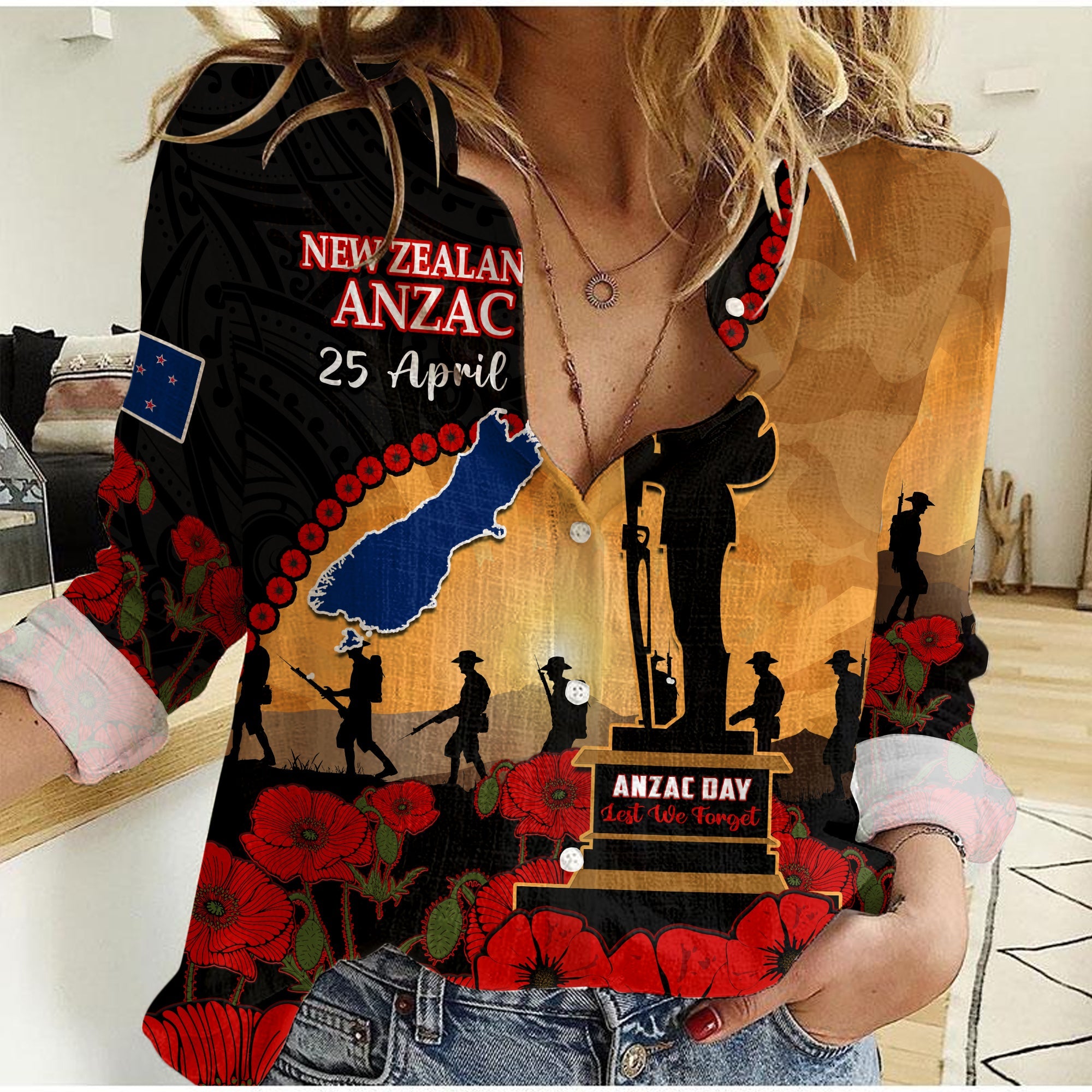 New Zealand Anzac Women Casual Shirt Maori Camouflage Mix Poppies We Will Remember Them - Vibe Hoodie Shop