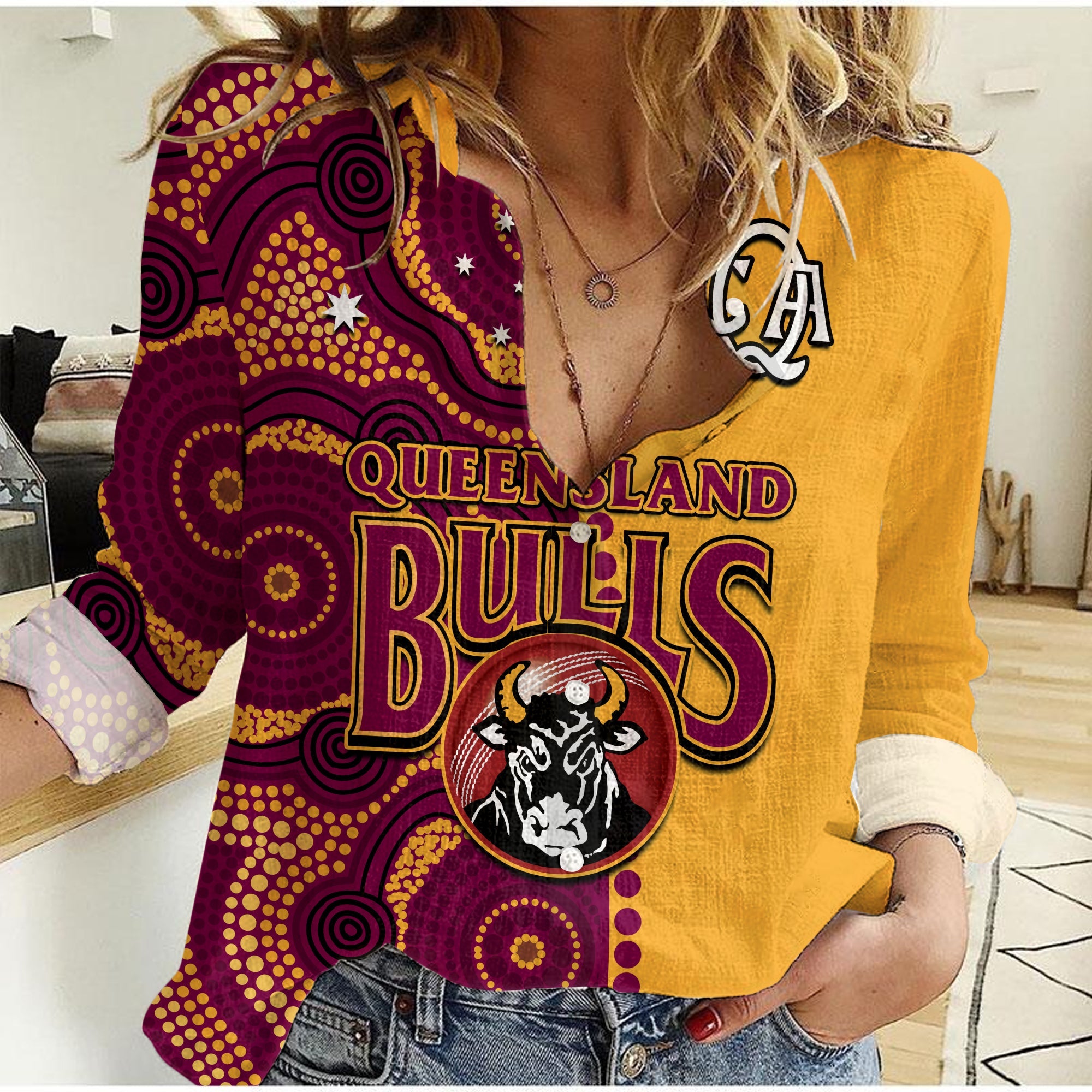 Queensland Cricket 2023 Women Casual Shirt Bulls Sheffield Shield Indigenous - Vibe Hoodie Shop