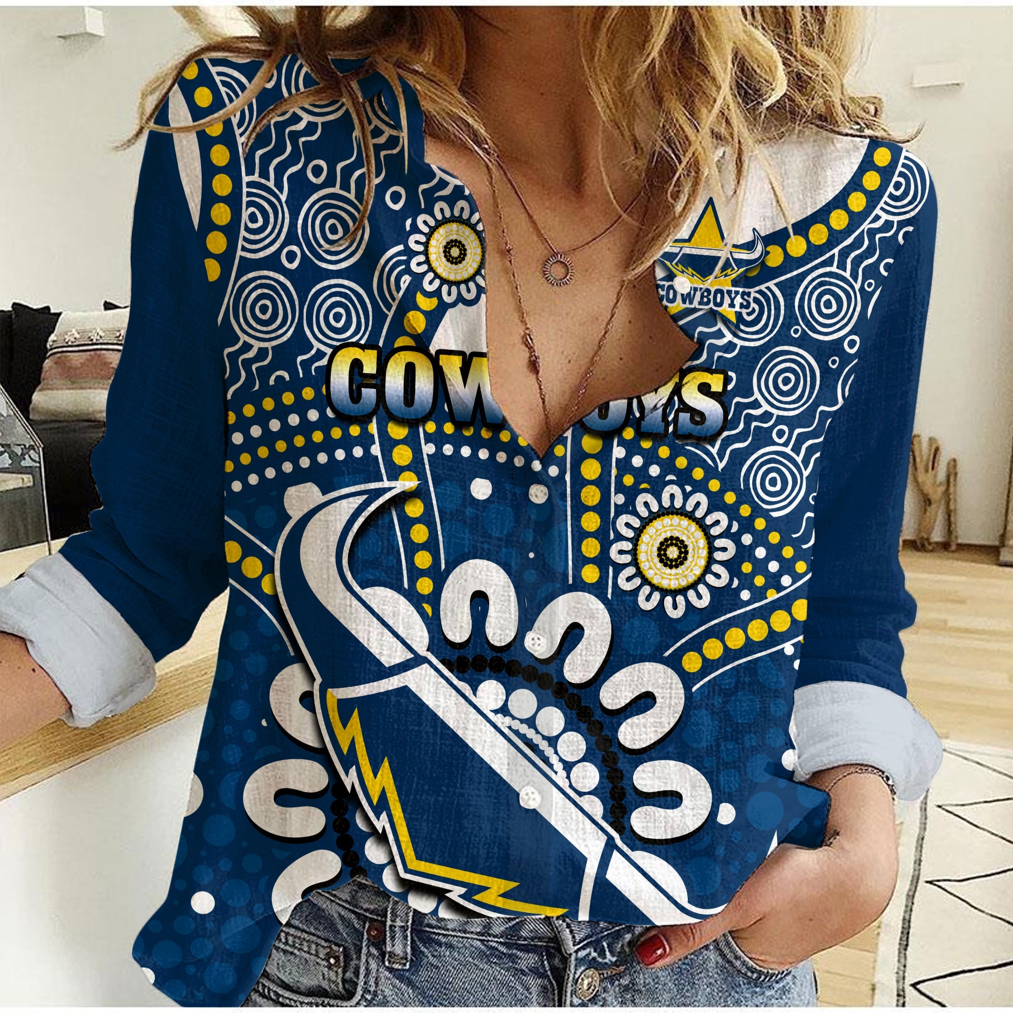 Cowboys Rugby Women Casual Shirt Indigenous Art - Vibe Hoodie Shop
