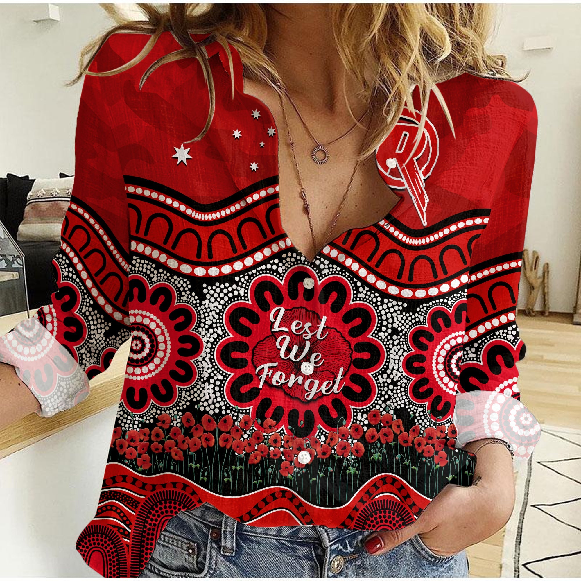 (Custom Text And Number) Renegades Cricket ANZAC Women Casual Shirt Melbourne Poppy Aboriginal Camouflage - Vibe Hoodie Shop