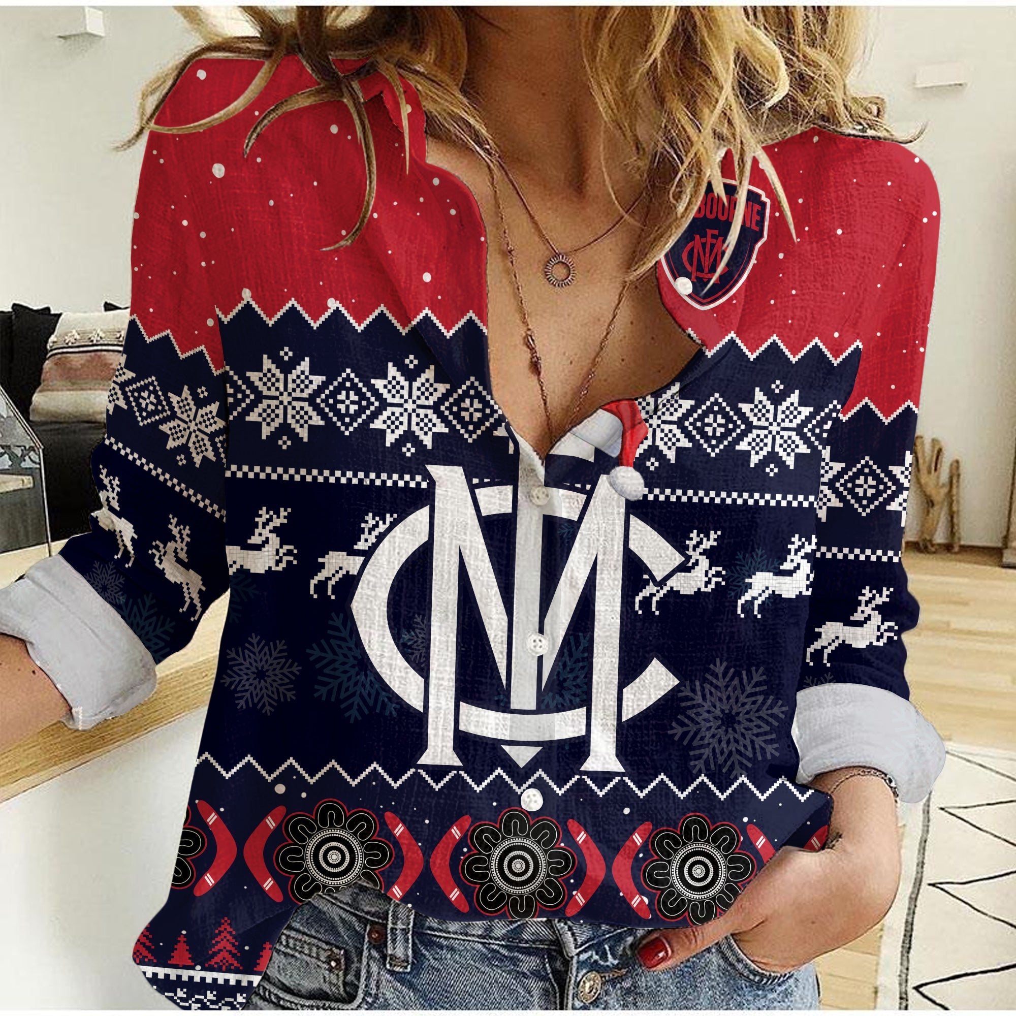 Melbourne Football Women Casual Shirt Demons Indigenous Merry Christmas - Vibe Hoodie Shop