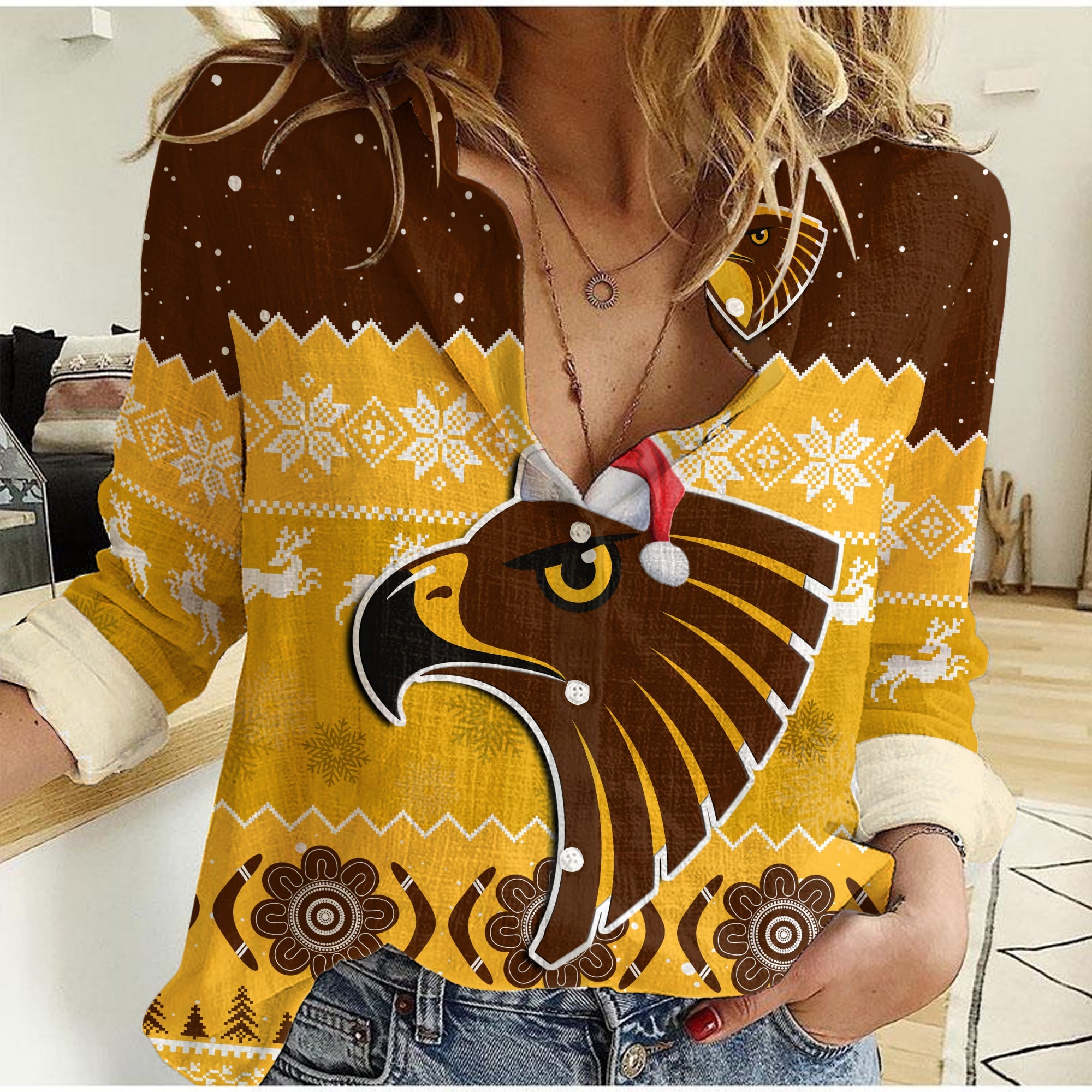 (Custom Personalised) Hawthorn Football Women Casual Shirt Hawks Indigenous Merry Christmas - Vibe Hoodie Shop