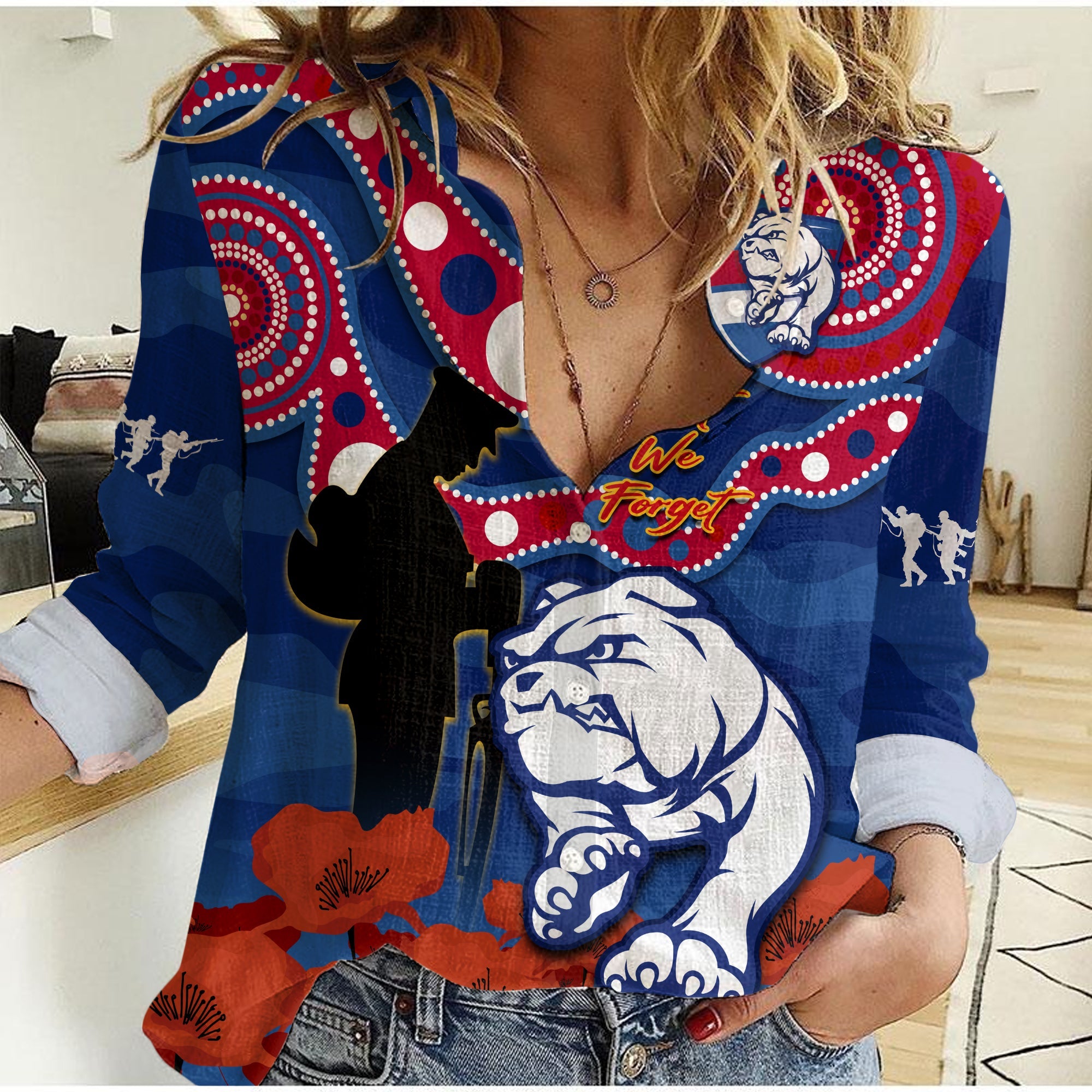 Western Bulldogs Football ANZAC 2023 Women Casual Shirt Doggies Aboriginal Mix Poppy Camouflage - Vibe Hoodie Shop