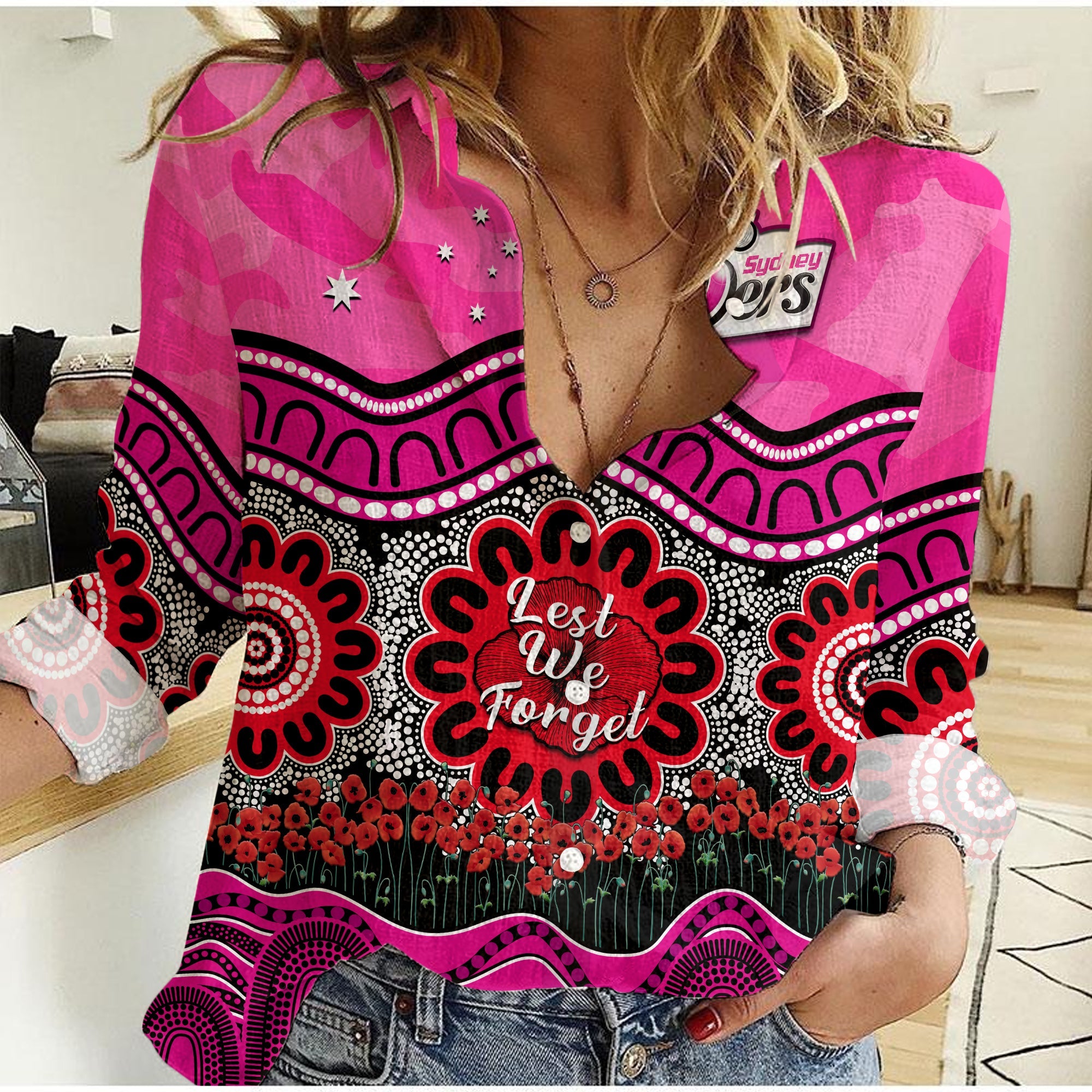 Sixers Cricket ANZAC Women Casual Shirt Sydney Poppy Aboriginal Camouflage - Vibe Hoodie Shop