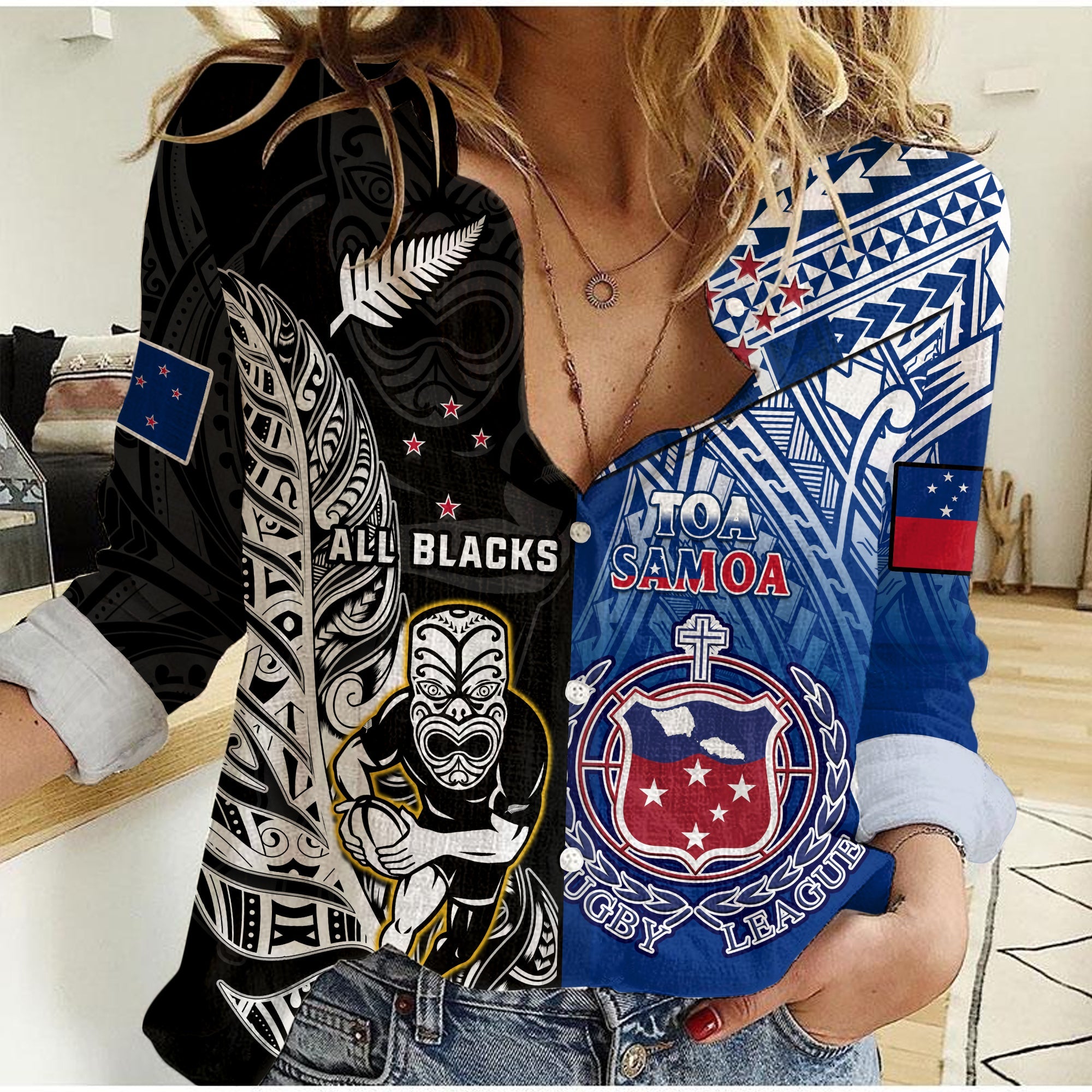 (Custom Personalised) All Black And Toa Samoa Rugby Women Casual Shirt NZ Maori Fern Mix Polynesian - Vibe Hoodie Shop