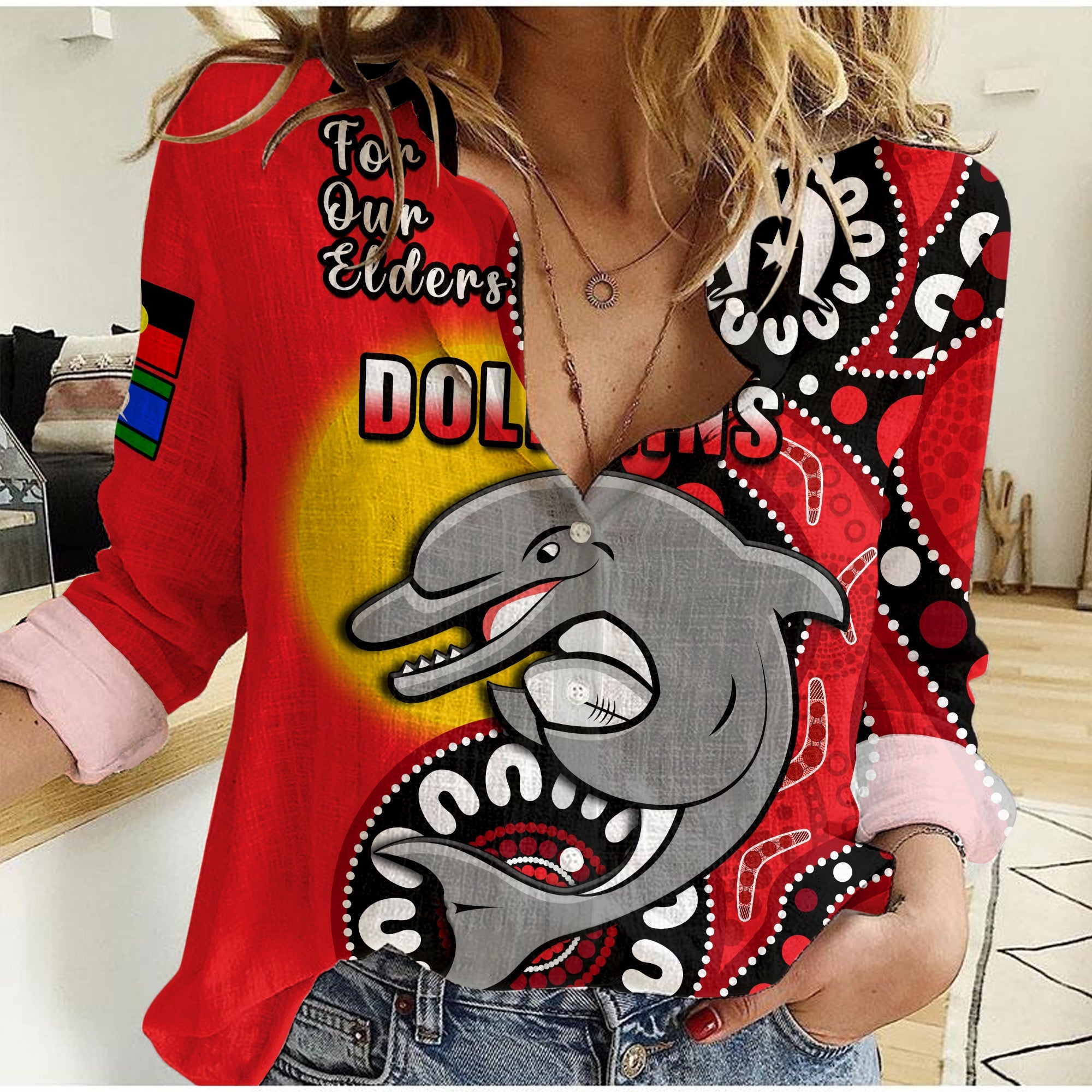 (Custom Text And Number) Dolphins Rugby NAIDOC 2023 Women Casual Shirt For Our Elders Aboriginal - Vibe Hoodie Shop