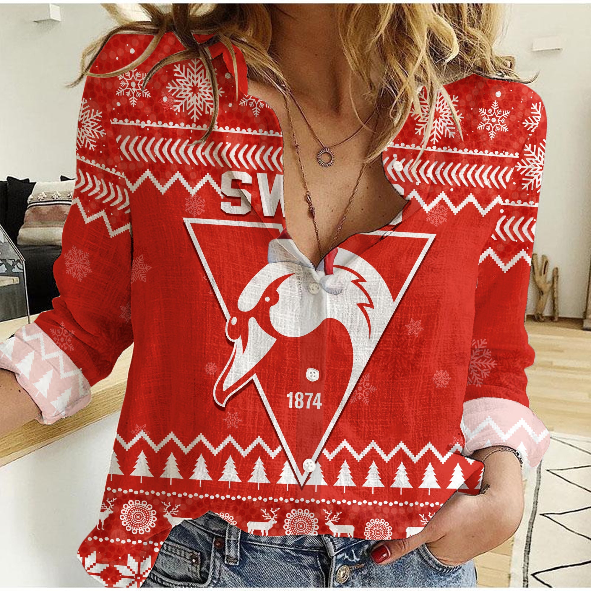 (Custom Personalised) Swans Football Christmas Women Casual Shirt Sydney Indigenous Merry Xmas - Vibe Hoodie Shop