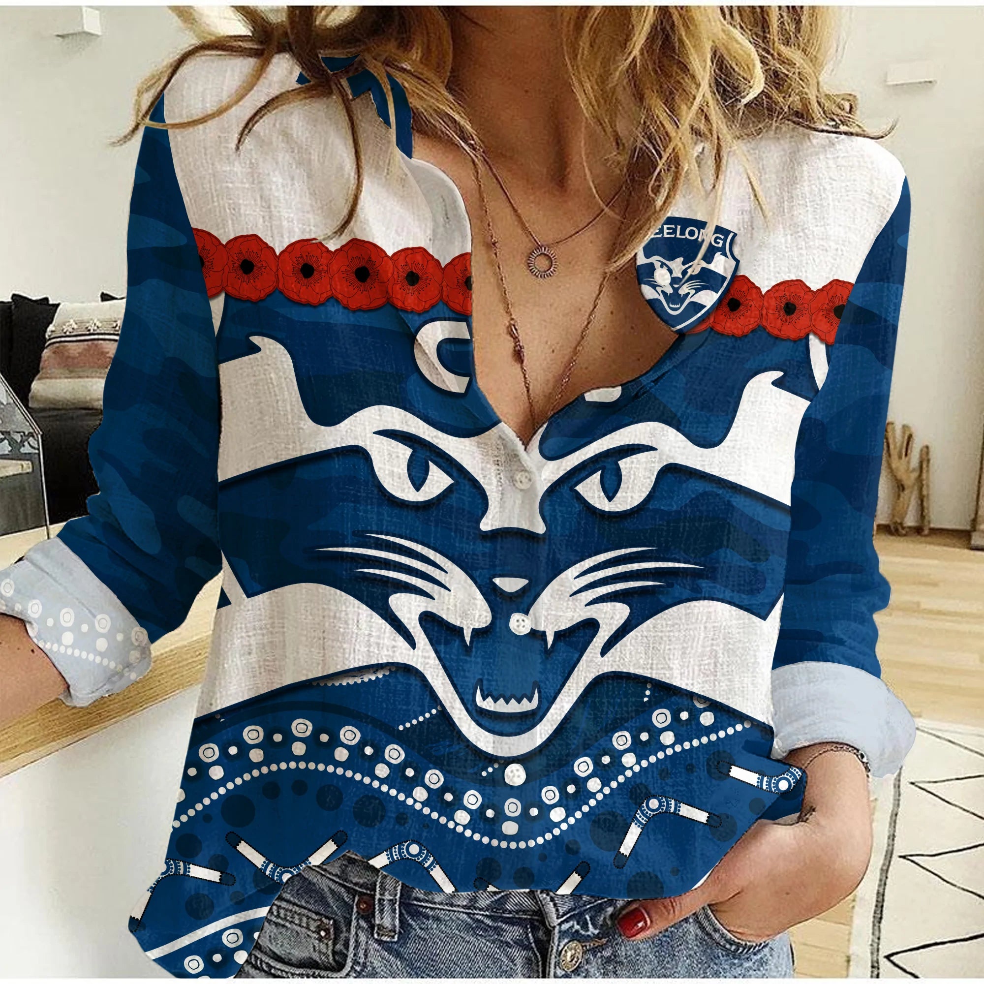 (Custom Text And Number) Cats Football ANZAC Women Casual Shirt Geelong Camouflage Poppy Mix Aboriginal - Vibe Hoodie Shop