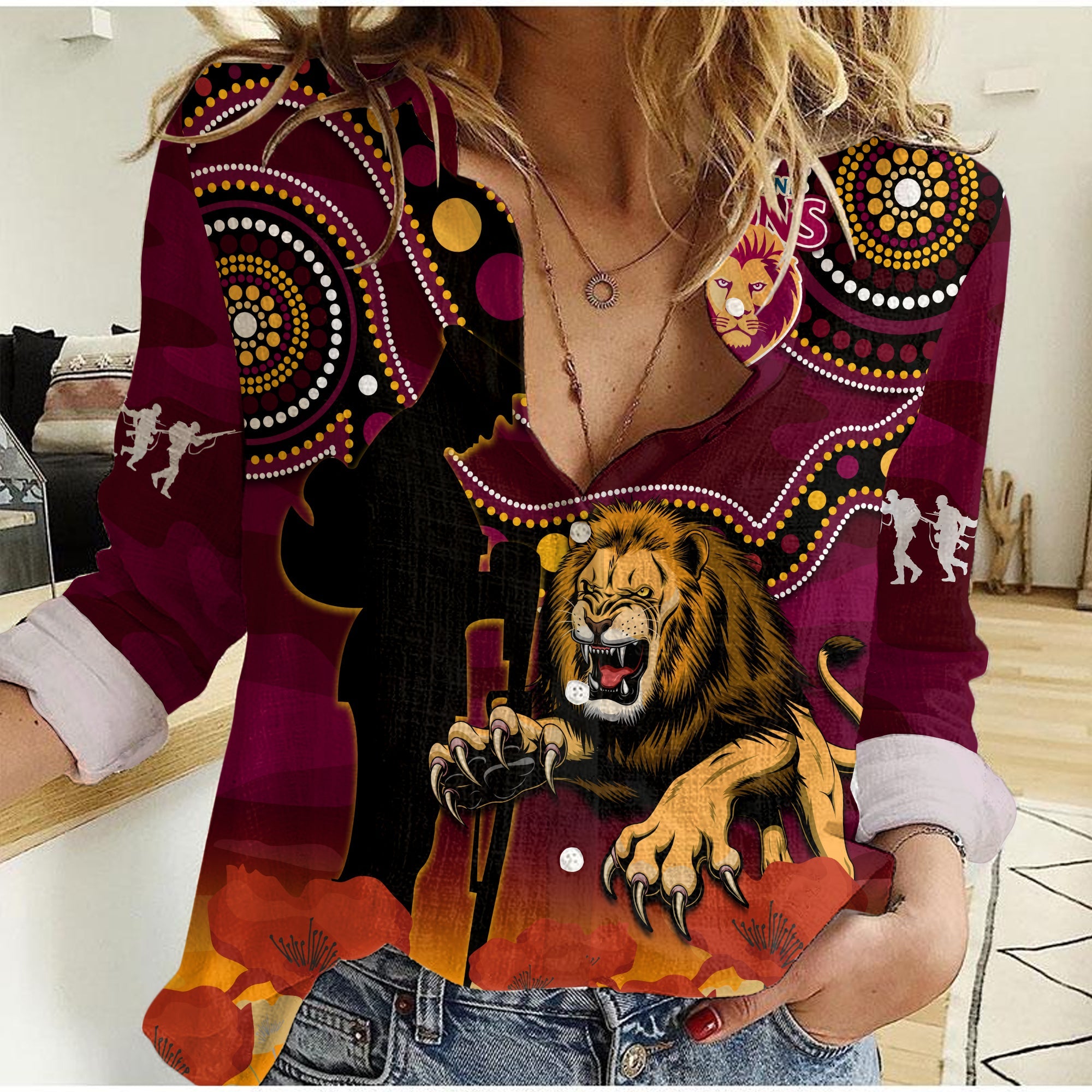 (Custom Text And Number) Brisbane Lions Football ANZAC 2023 Women Casual Shirt Aboriginal Mix Poppy Camouflage - Vibe Hoodie Shop