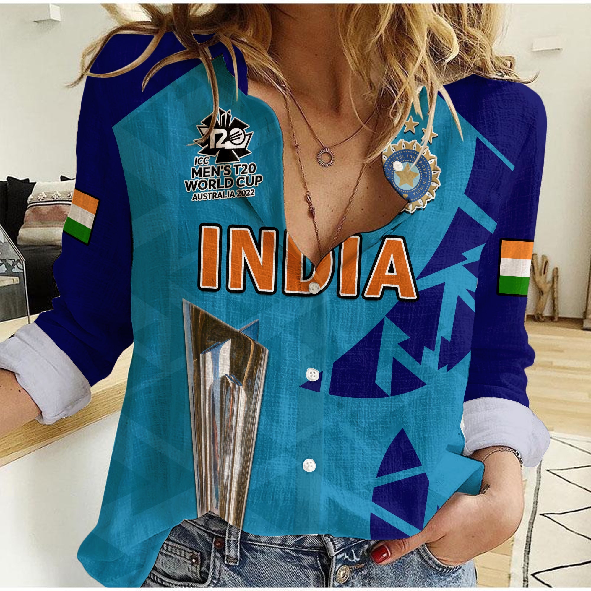 India Cricket Women Casual Shirt Men In Blue Champions Mens T20 WC 2022 - Vibe Hoodie Shop