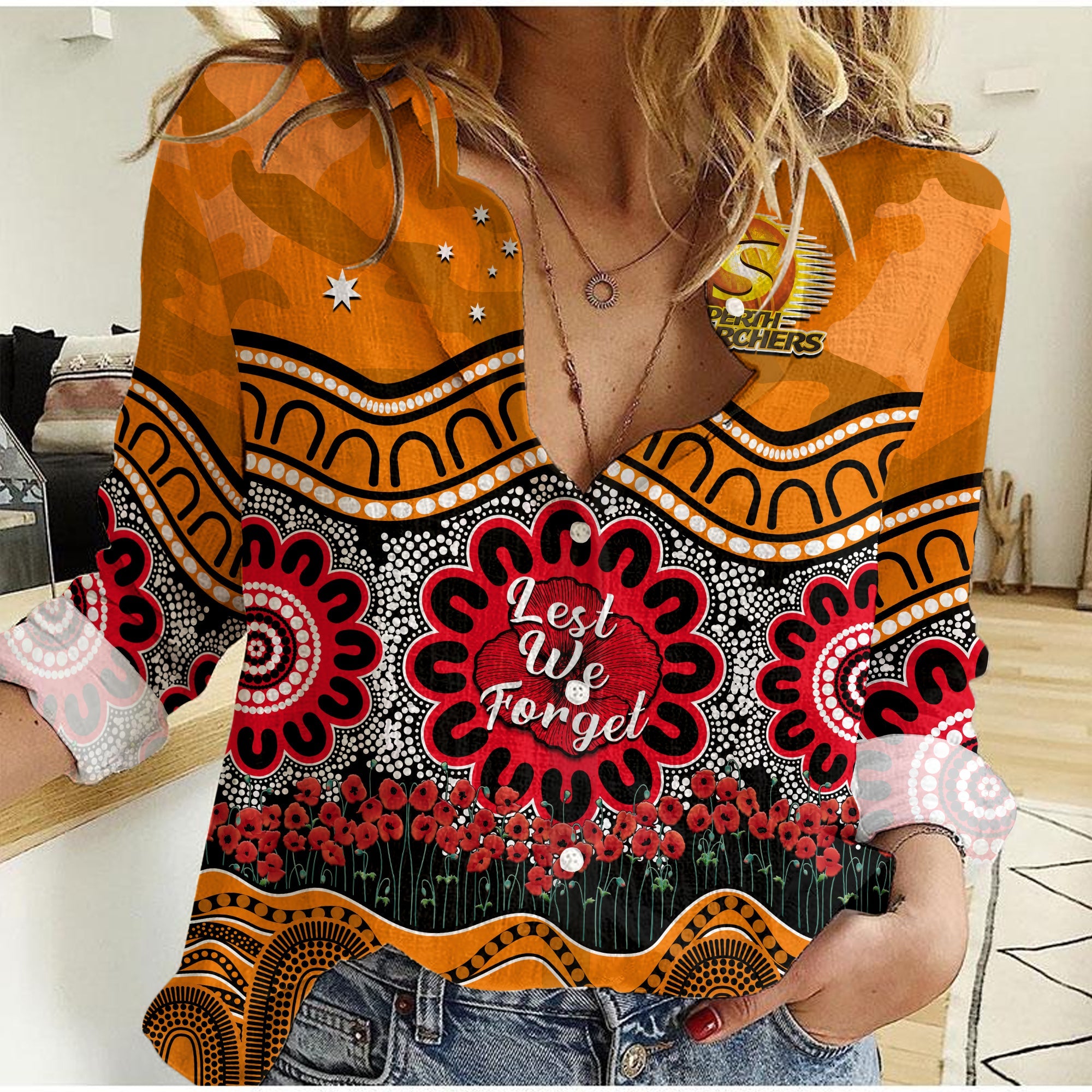 (Custom Text And Number) Perth Scorchers Cricket ANZAC Women Casual Shirt Poppy Aboriginal Camouflage - Vibe Hoodie Shop