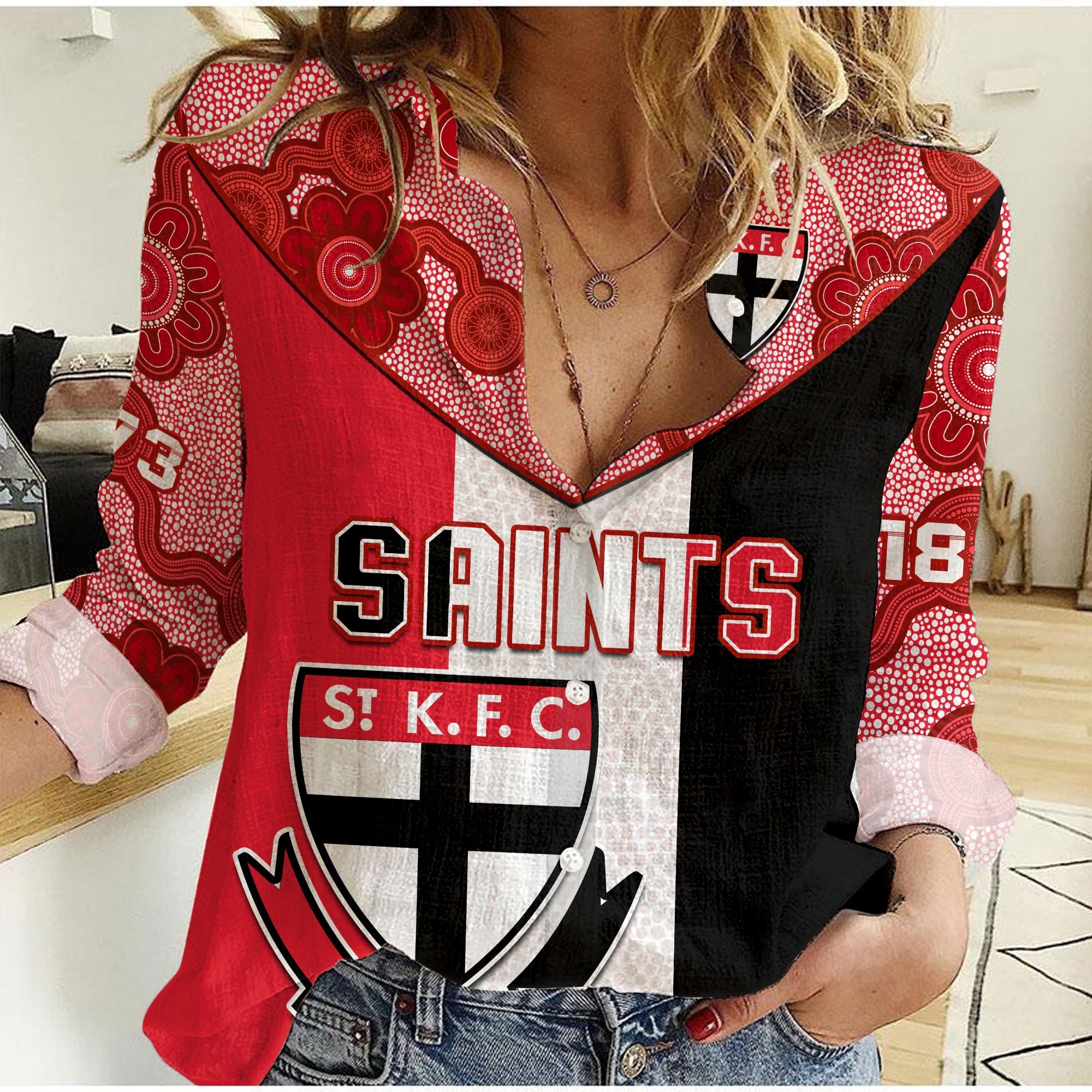 (Custom Text And Number) Saints Football Women Casual Shirt St Kilda 1873 Aboriginal Dot Painting - Vibe Hoodie Shop