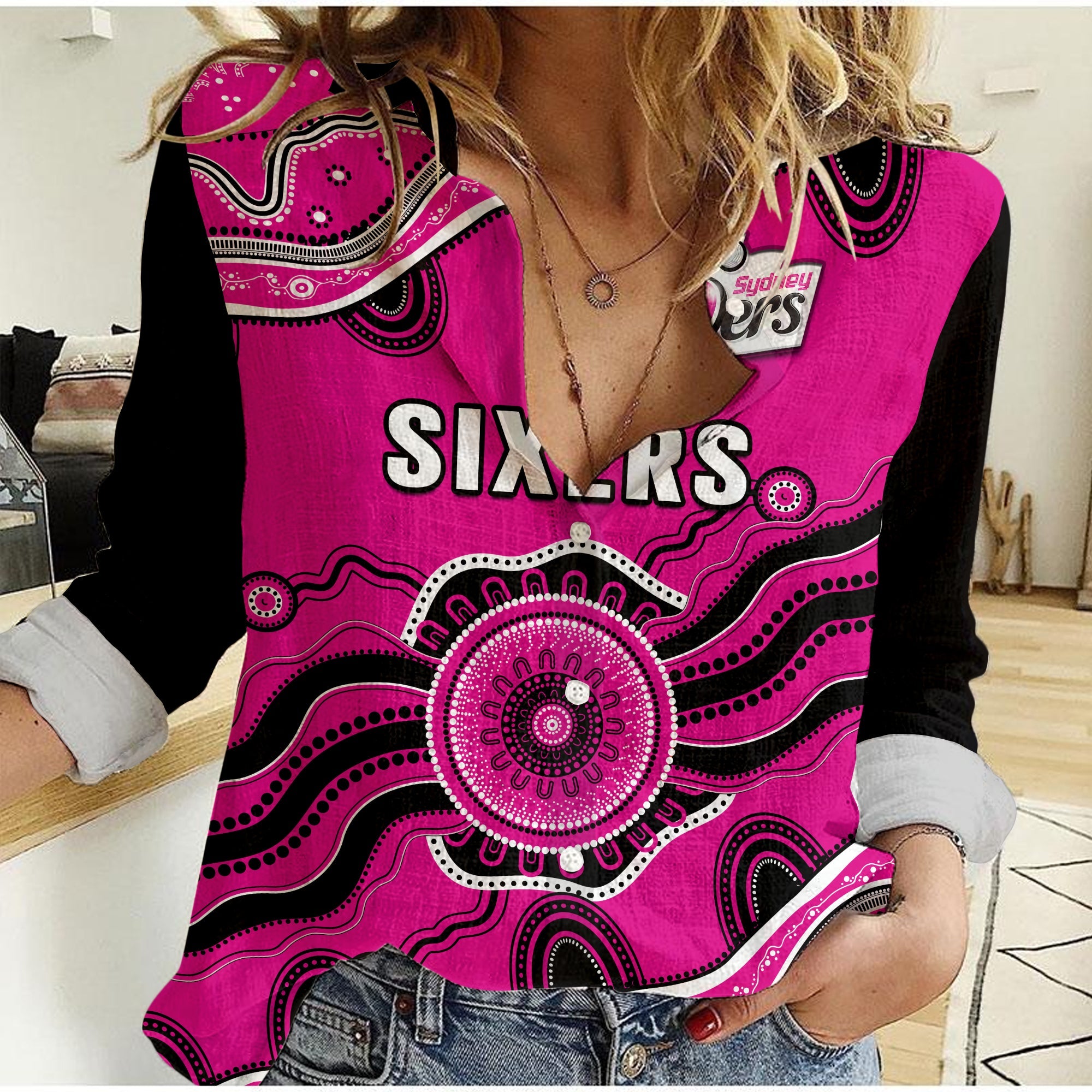 (Custom Text And Number) Sixers Cricket Women Casual Shirt Sydney Aboriginal Painting - Vibe Hoodie Shop