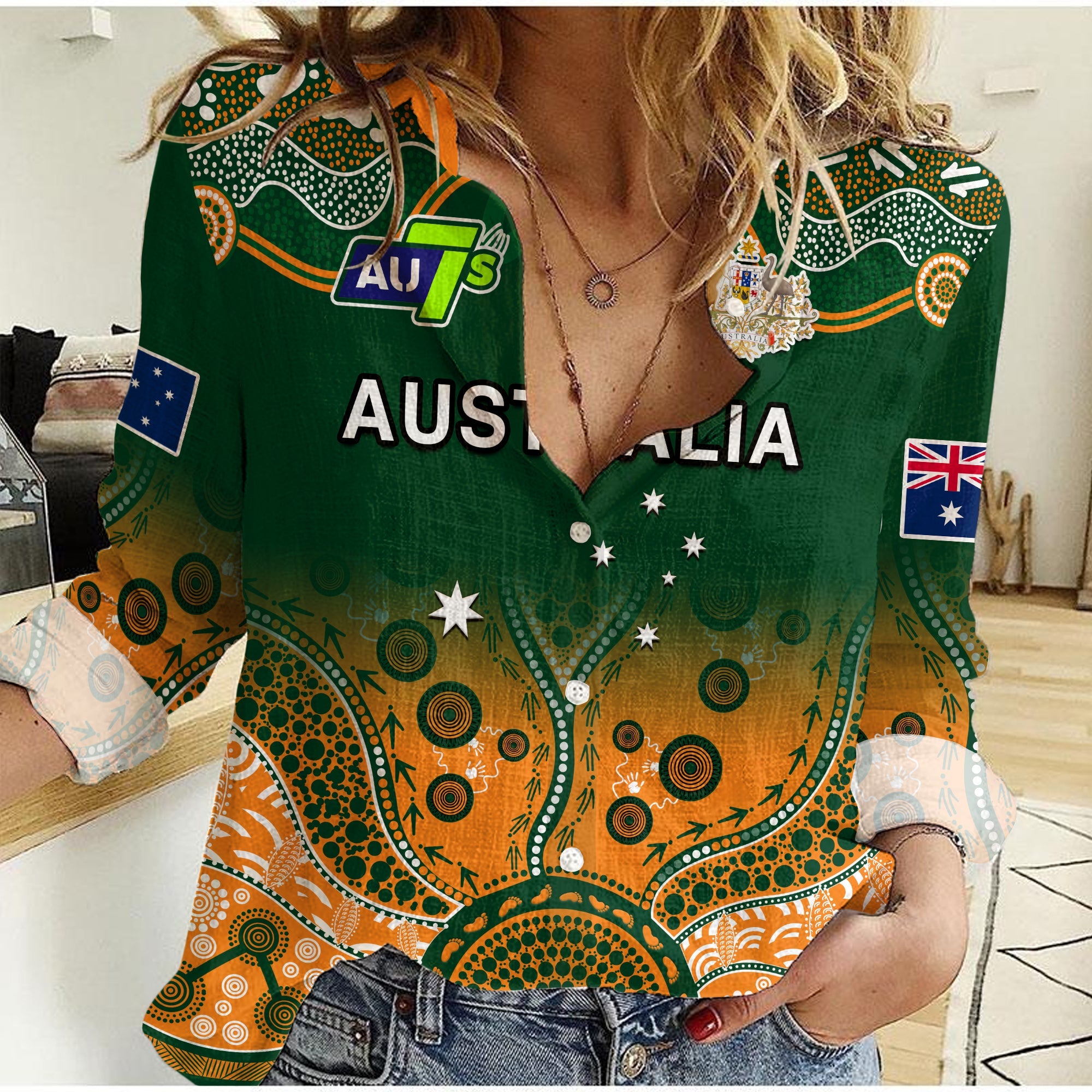 (Custom Text And Number) Australia Rugby Women Casual Shirt Aussie Sevens Green Indigenous - Vibe Hoodie Shop