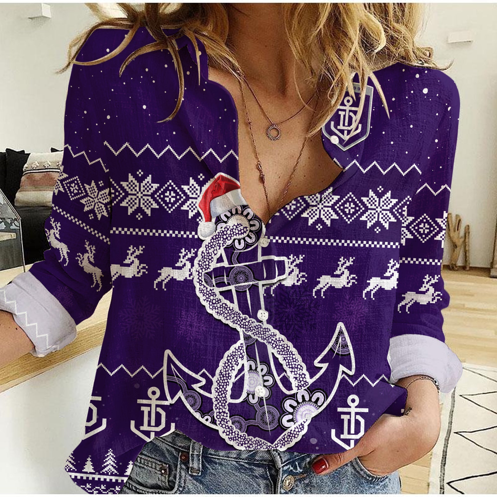 Dockers Football Women Casual Shirt Freo Indigenous Merry Christmas - Vibe Hoodie Shop