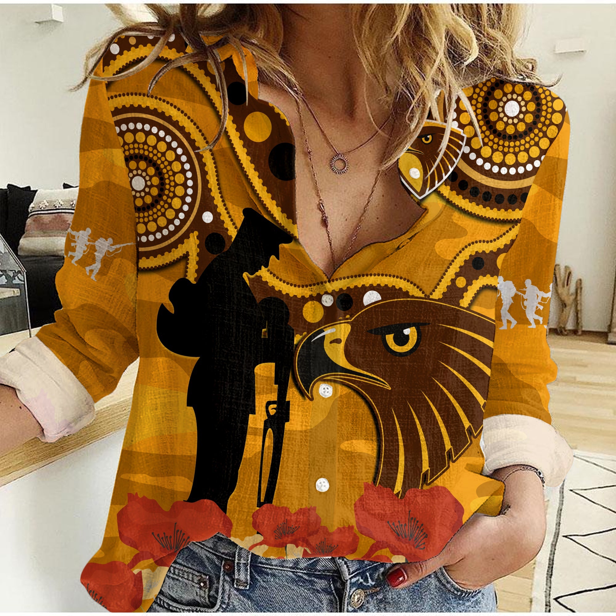 (Custom Text And Number) Hawks Football ANZAC 2023 Women Casual Shirt Indigenous Mix Poppy Camouflage - Vibe Hoodie Shop