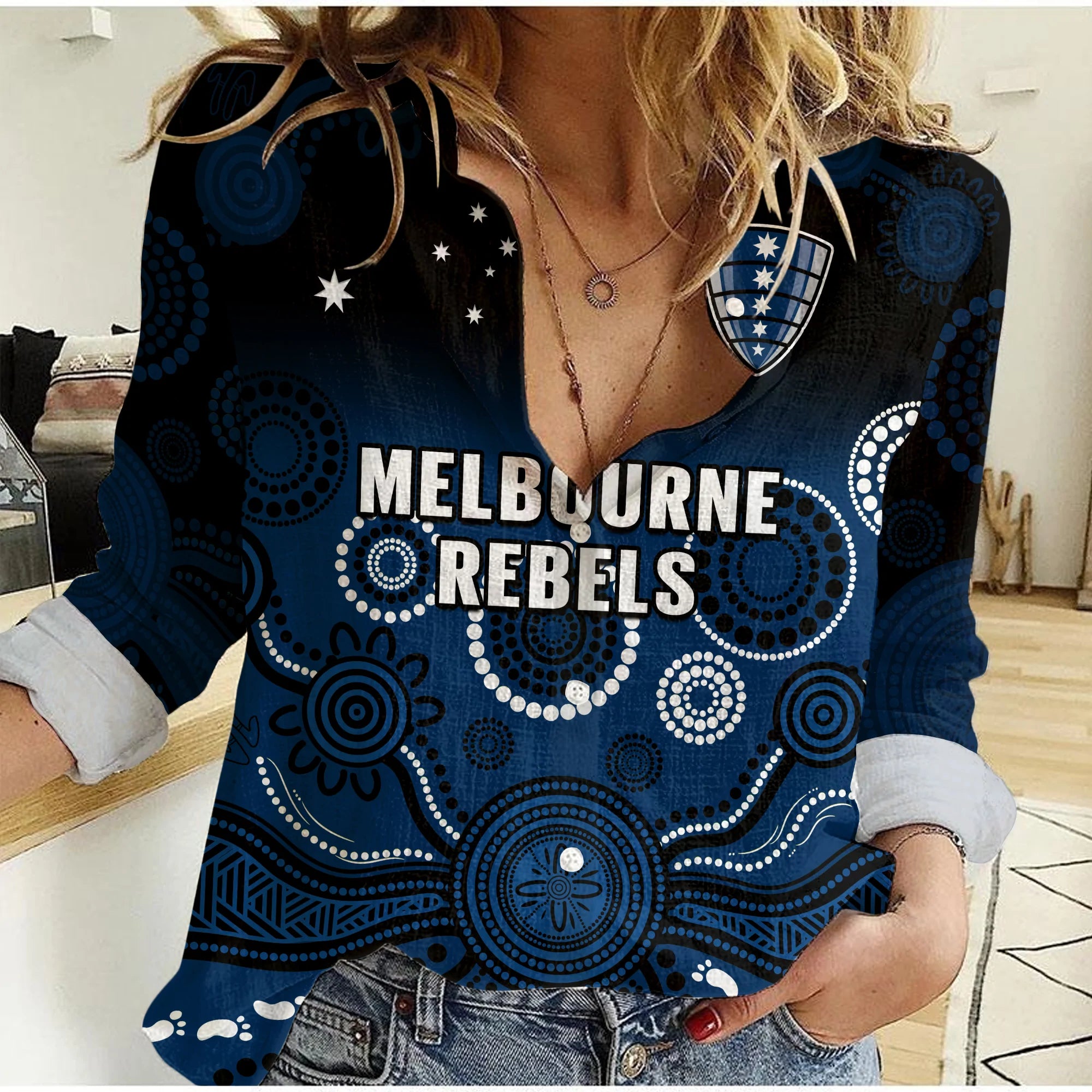 Melbourne Rebels Rugby Women Casual Shirt Gradient Aboriginal - Vibe Hoodie Shop