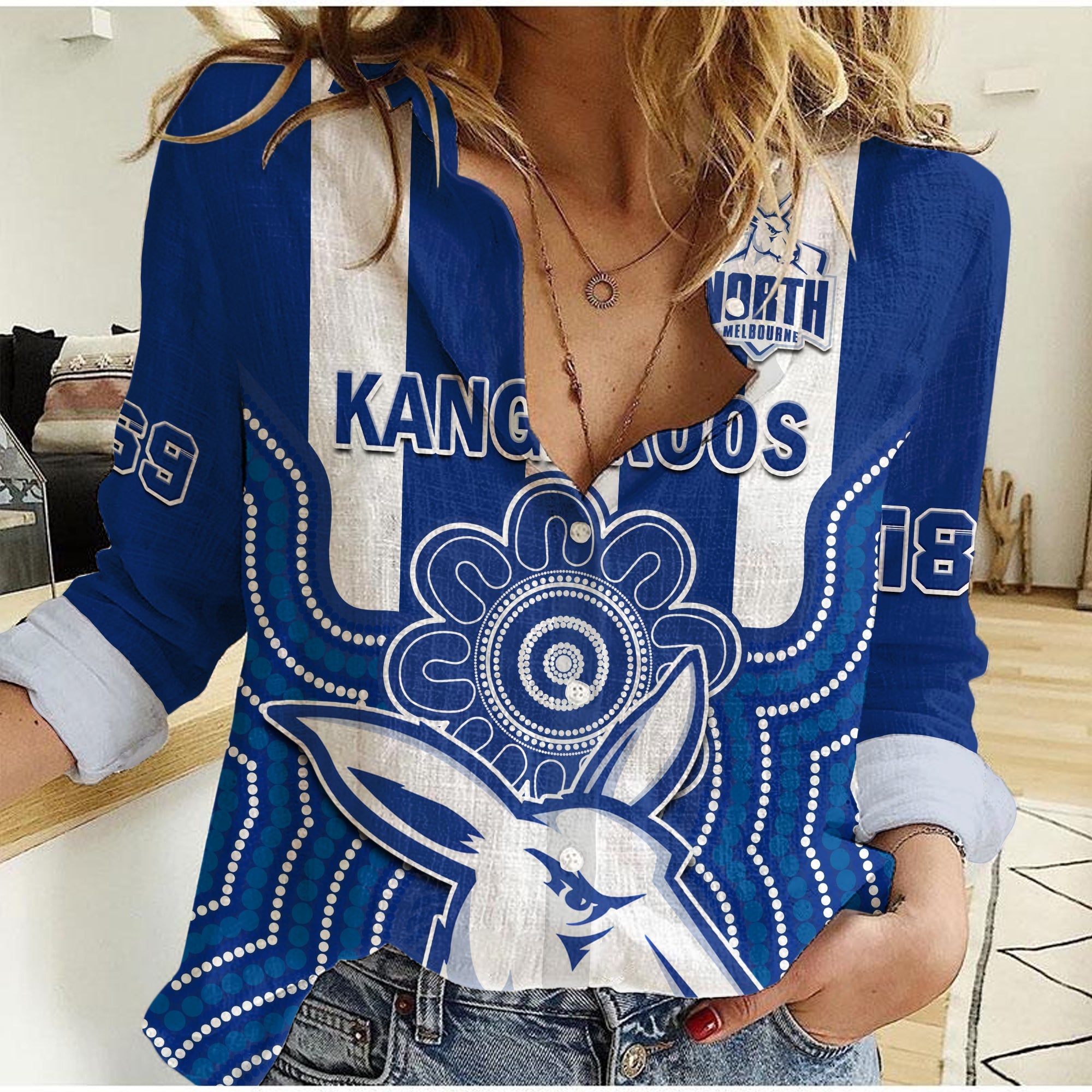 (Custom Text And Number) Melbourne Football Women Casual Shirt North Kangaroos 1869 Aboriginal Art - Vibe Hoodie Shop