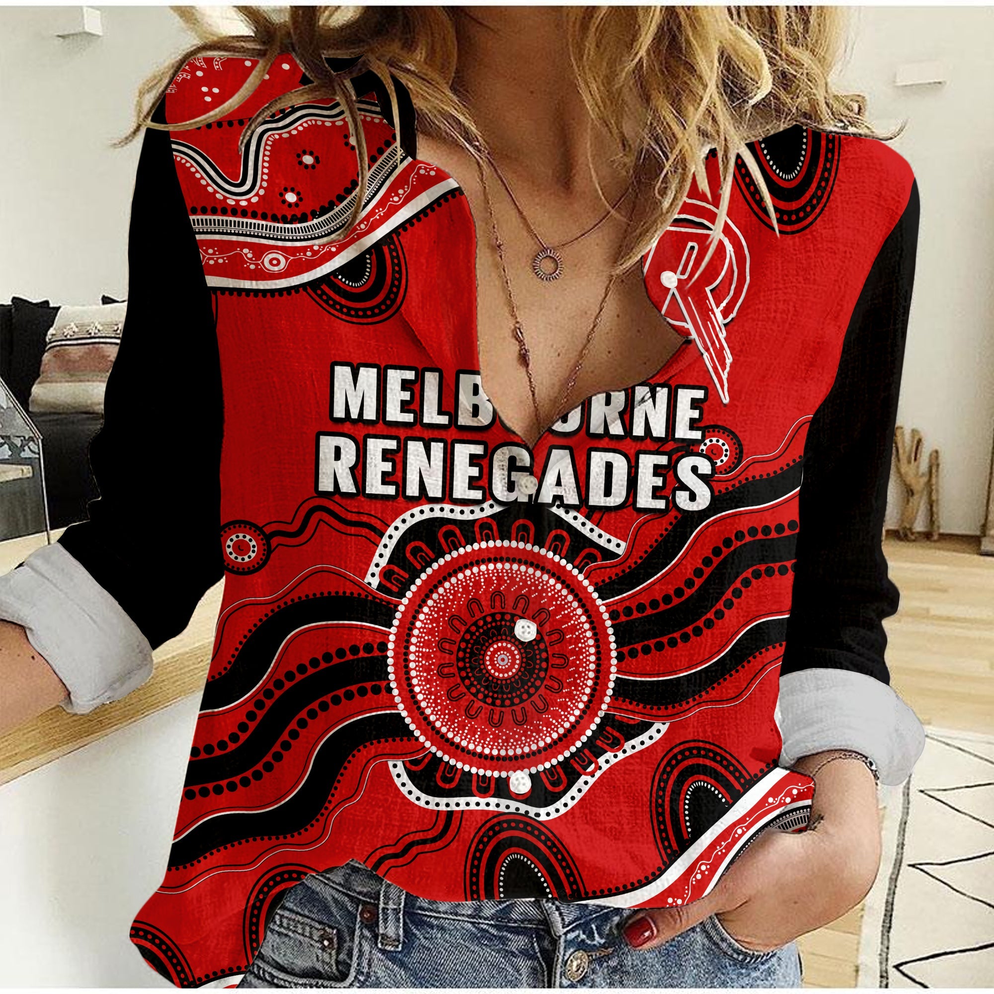 (Custom Text And Number) Renegades Cricket Women Casual Shirt Melbourne Aboriginal Painting - Vibe Hoodie Shop