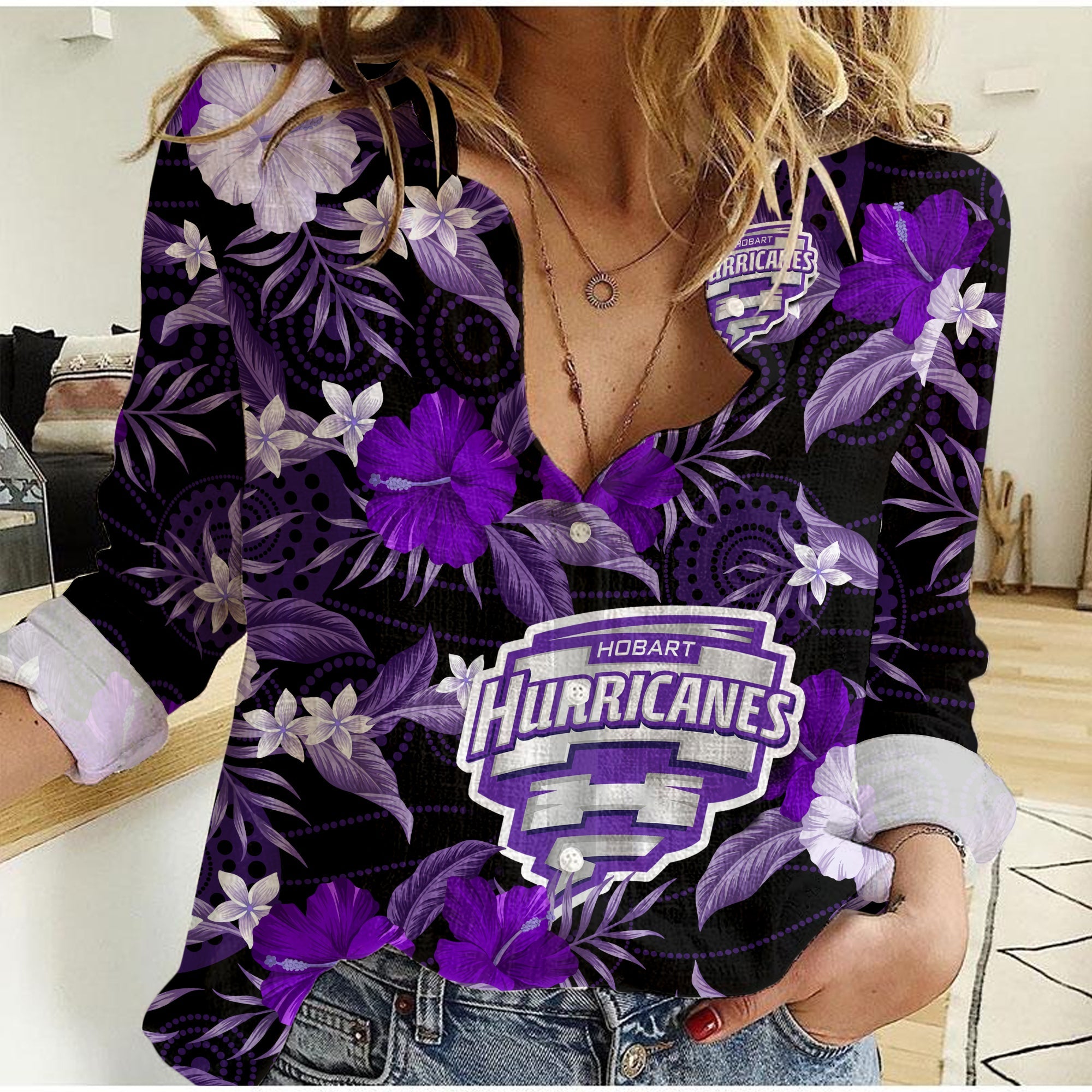 (Custom Text And Number) Hobart Hurricanes Cricket Women Casual Shirt Aboriginal Art Mix Tropical Flowers - Vibe Hoodie Shop
