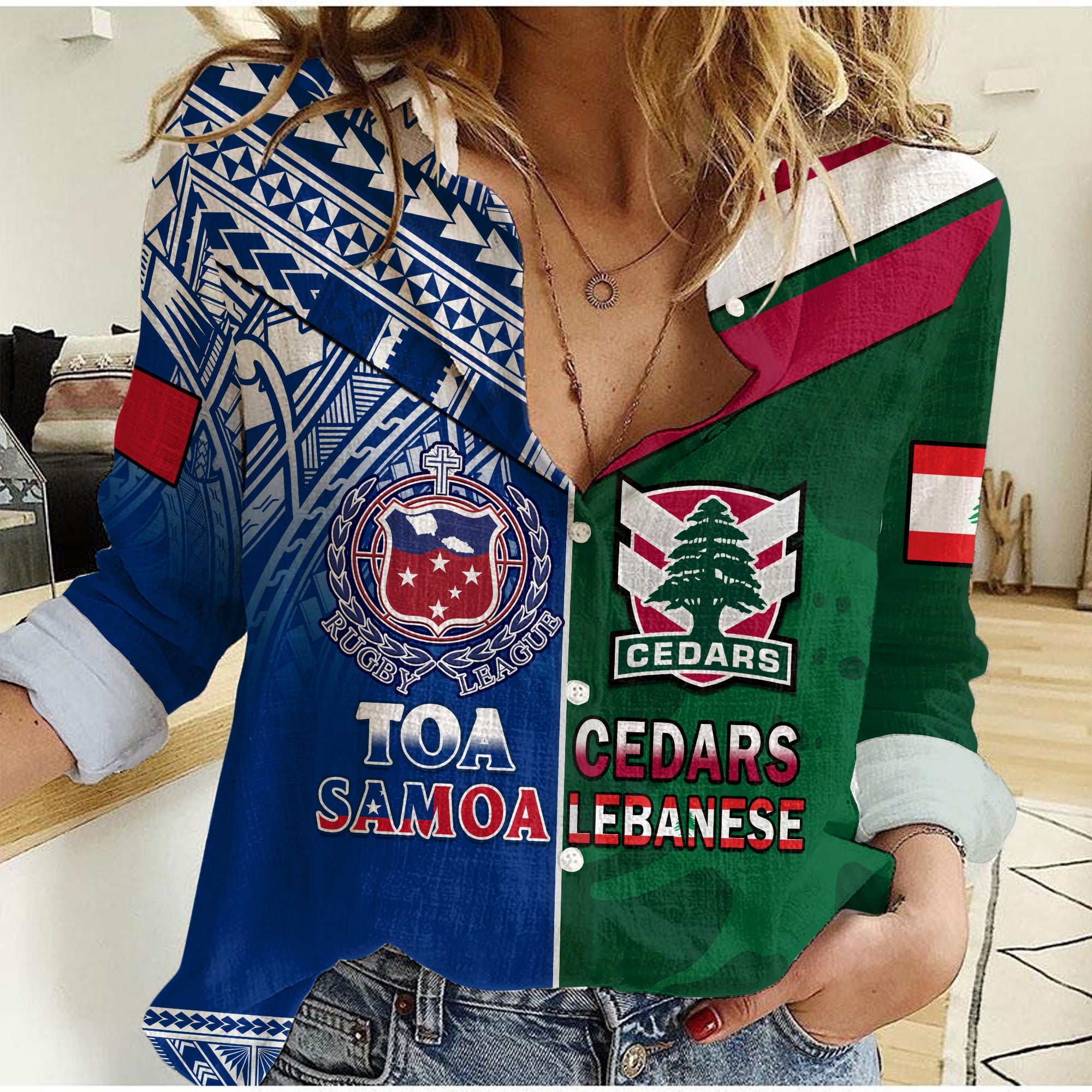 (Custom Personalised) Lebanon And Samoa Rugby Women Casual Shirt Polynesian Cedars Mix Toa Samoa - Vibe Hoodie Shop