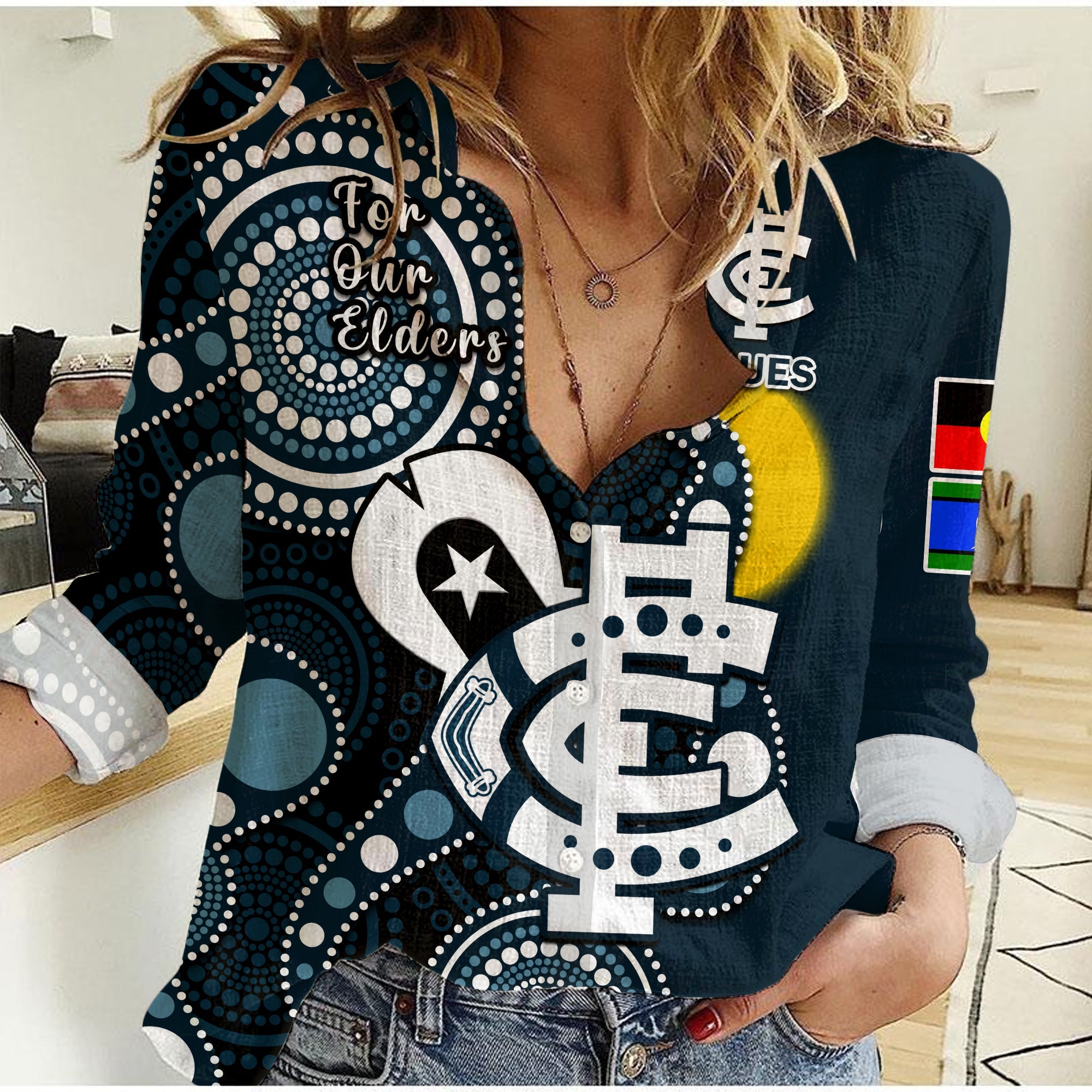 (Custom Text And Number) Carlton Football NAIDOC 2023 Women Casual Shirt Blues For Our Elders Indigenous Art - Vibe Hoodie Shop