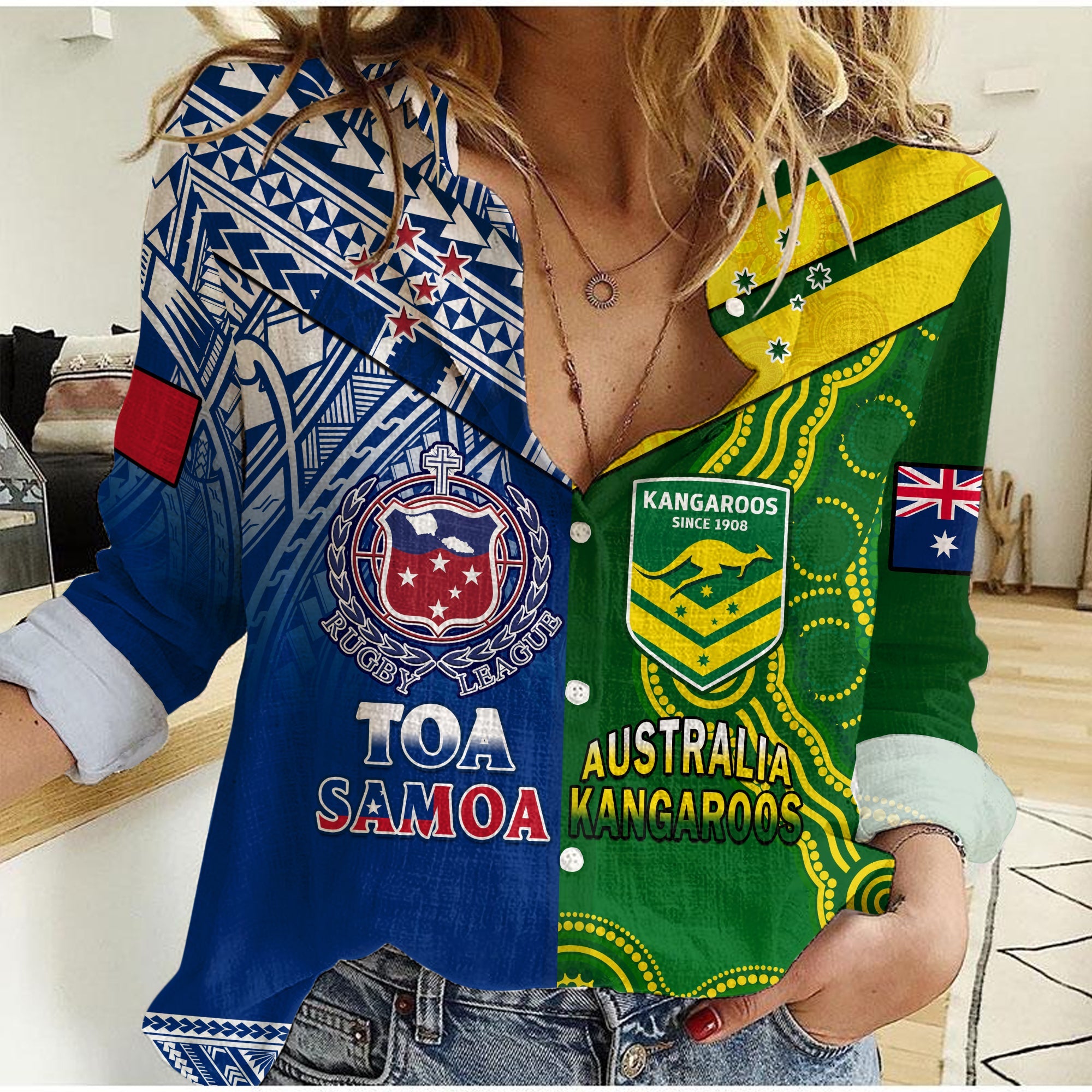 (Custom Personalised) Samoa Rugby and Australia Rugby Women Causal Shirt Toa Samoa Mix Kangaroos Pacific - Vibe Hoodie Shop