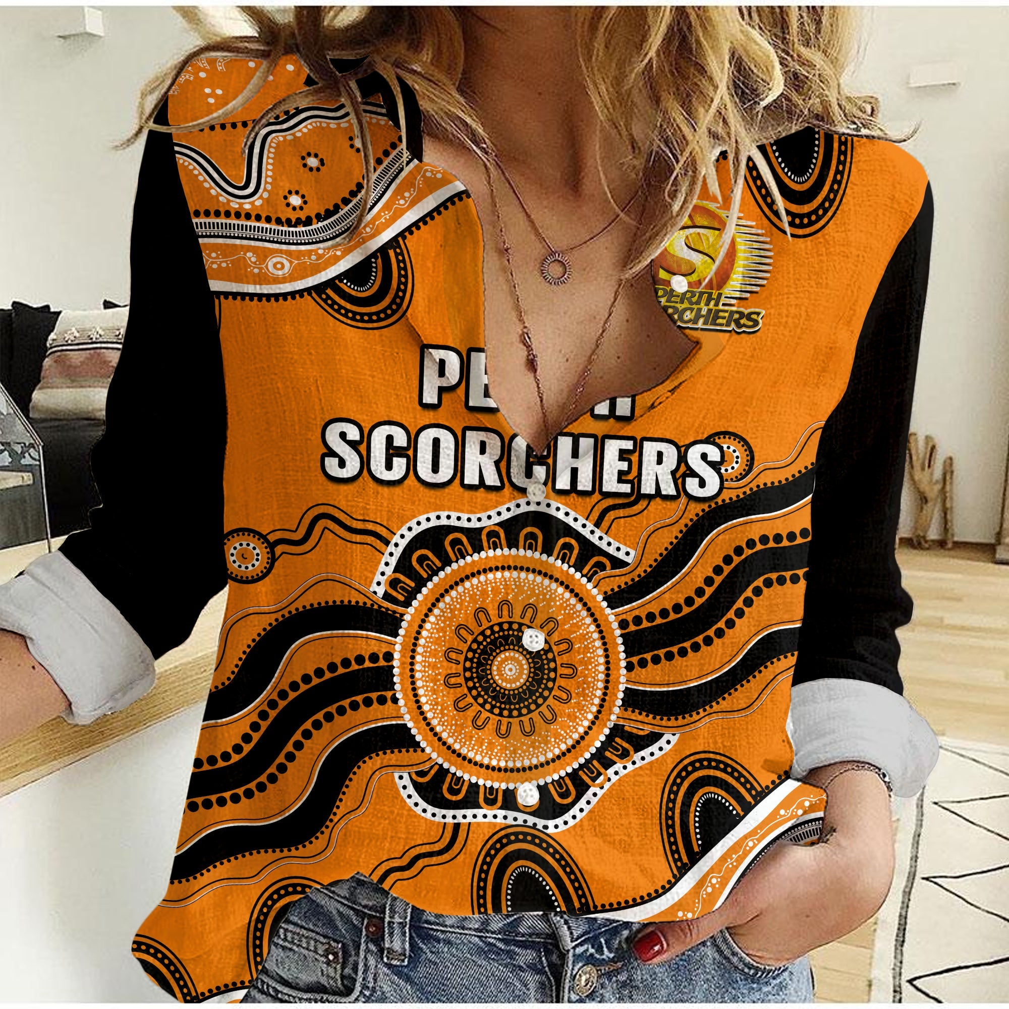 Perth Scorchers Cricket Women Casual Shirt Aboriginal Painting - Vibe Hoodie Shop