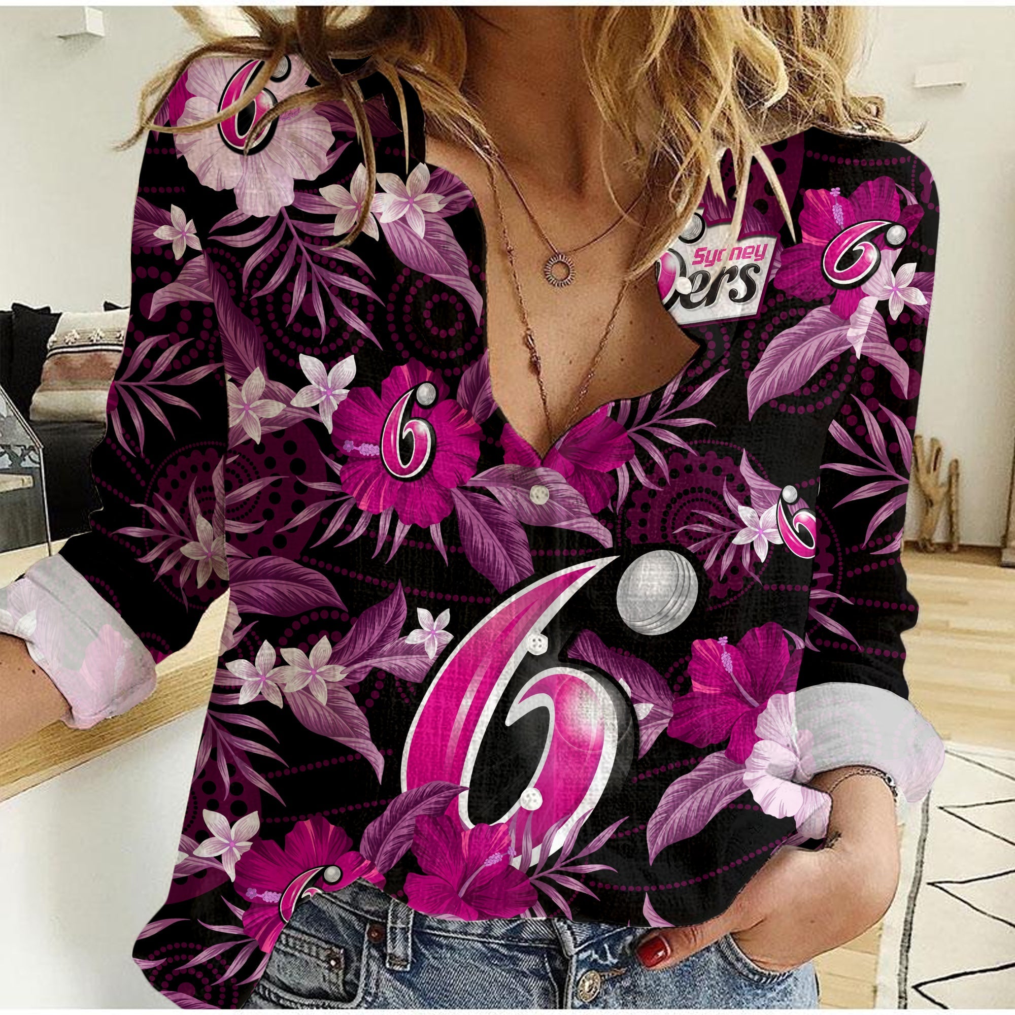 Sydney Sixers Cricket Women Casual Shirt Aboriginal Art Mix Tropical Flowers - Vibe Hoodie Shop
