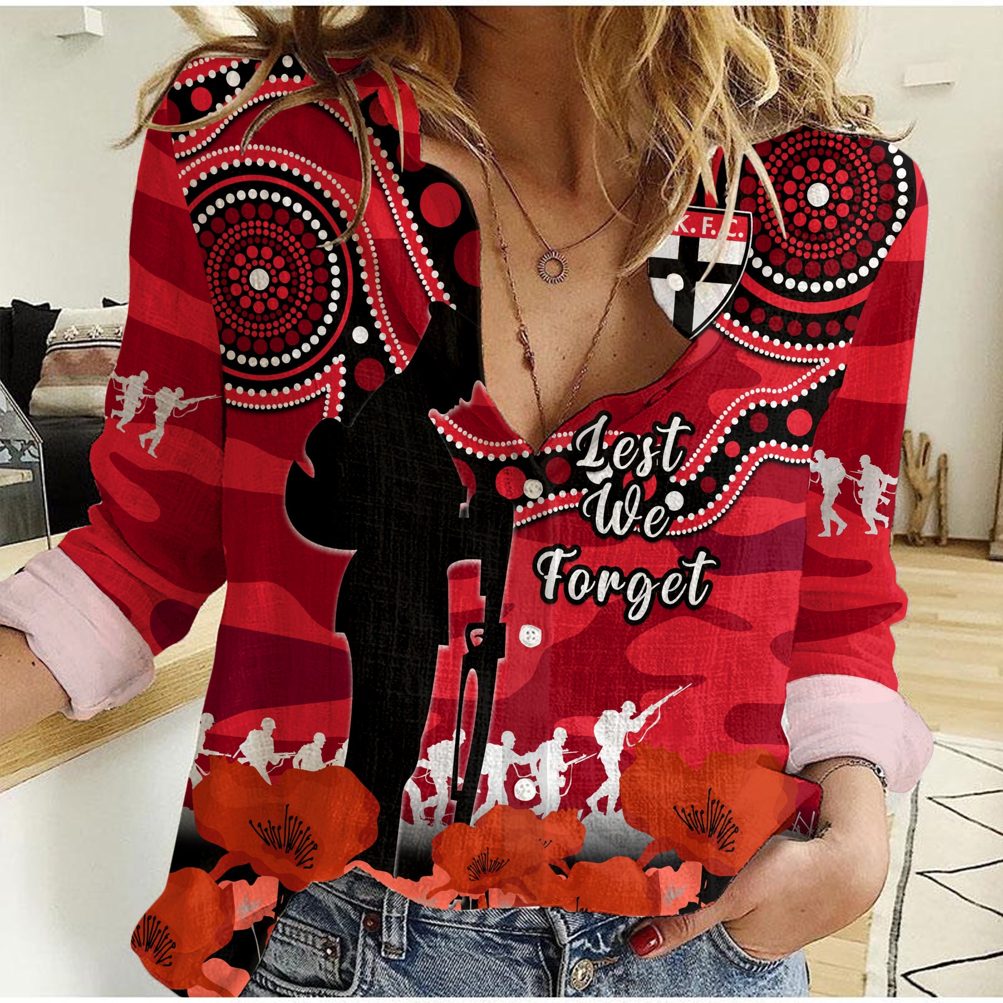 St Kilda Football ANZAC 2023 Women Casual Shirt Saints Aboriginal Mix Poppy Camouflage - Vibe Hoodie Shop